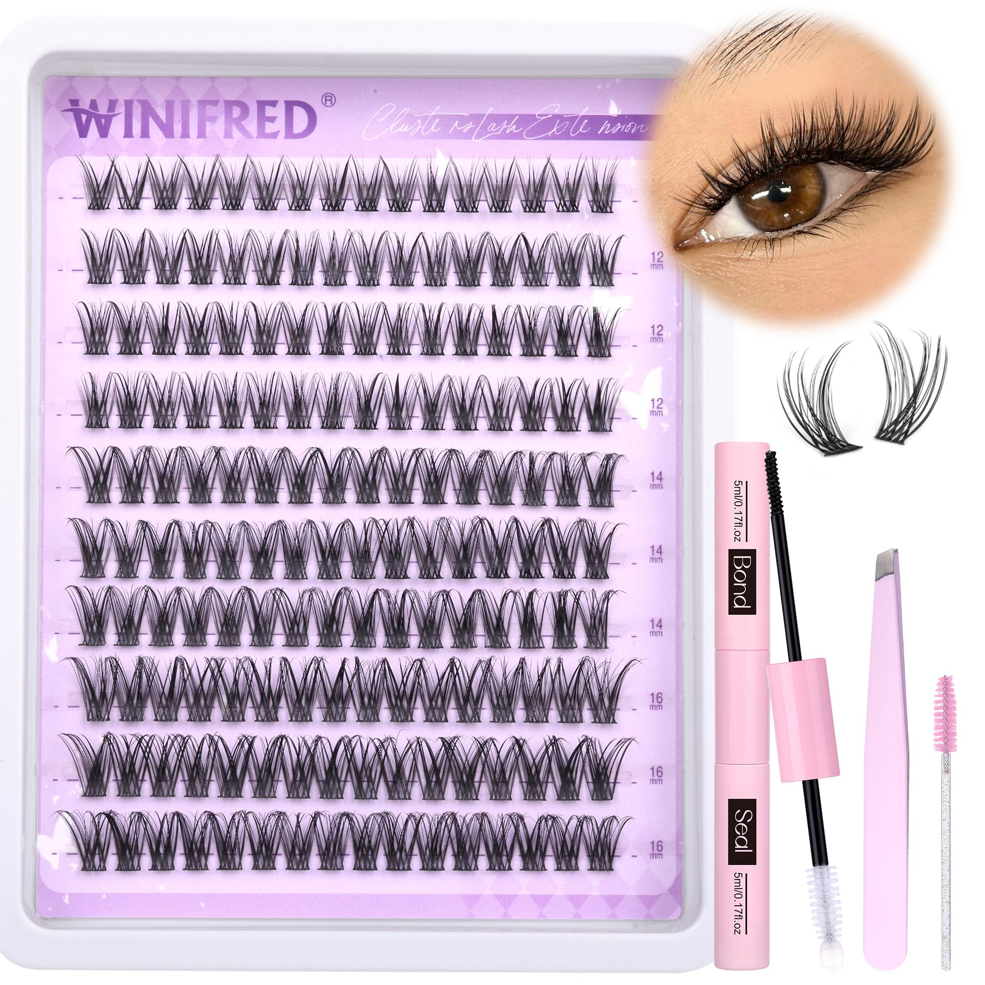 Wispy Lash Clusters Kit Natural Eyelash Clusters C Curl Lash Extension Kit Natural Cluster Eyelash Extensions Kit 16mm Individual Lashes DIY Wispy Cluster Lashes with Lash Bond and Seal by Winifred