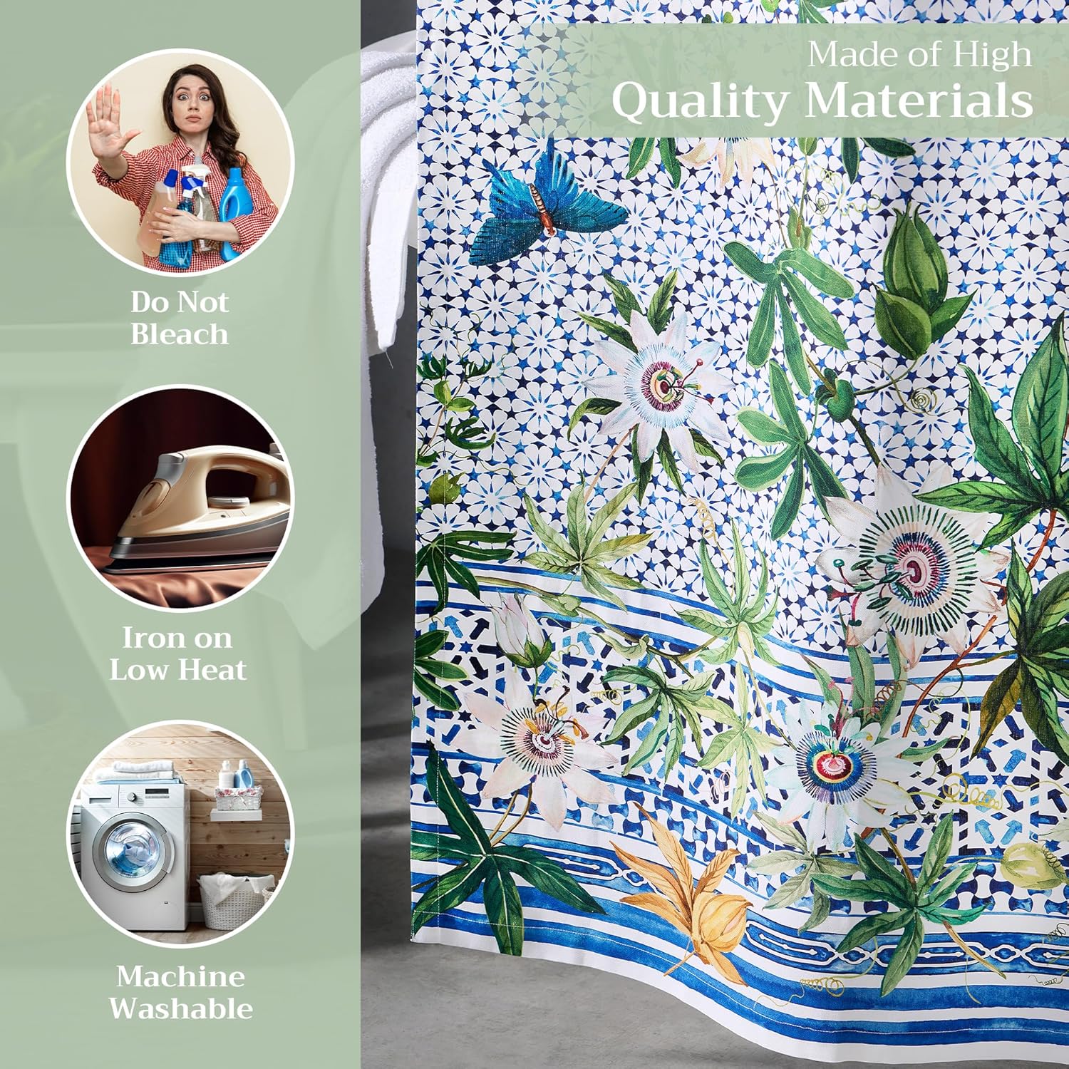 Maison d' Hermine Shower Curtain 100% Cotton One Panel 70"x72" Washable Fabric Shower Curtains for Bathroom, Easy Hanging with 12 Button Holes - Home Hotel Spa Gifts for Mothers Day (Passiflora)