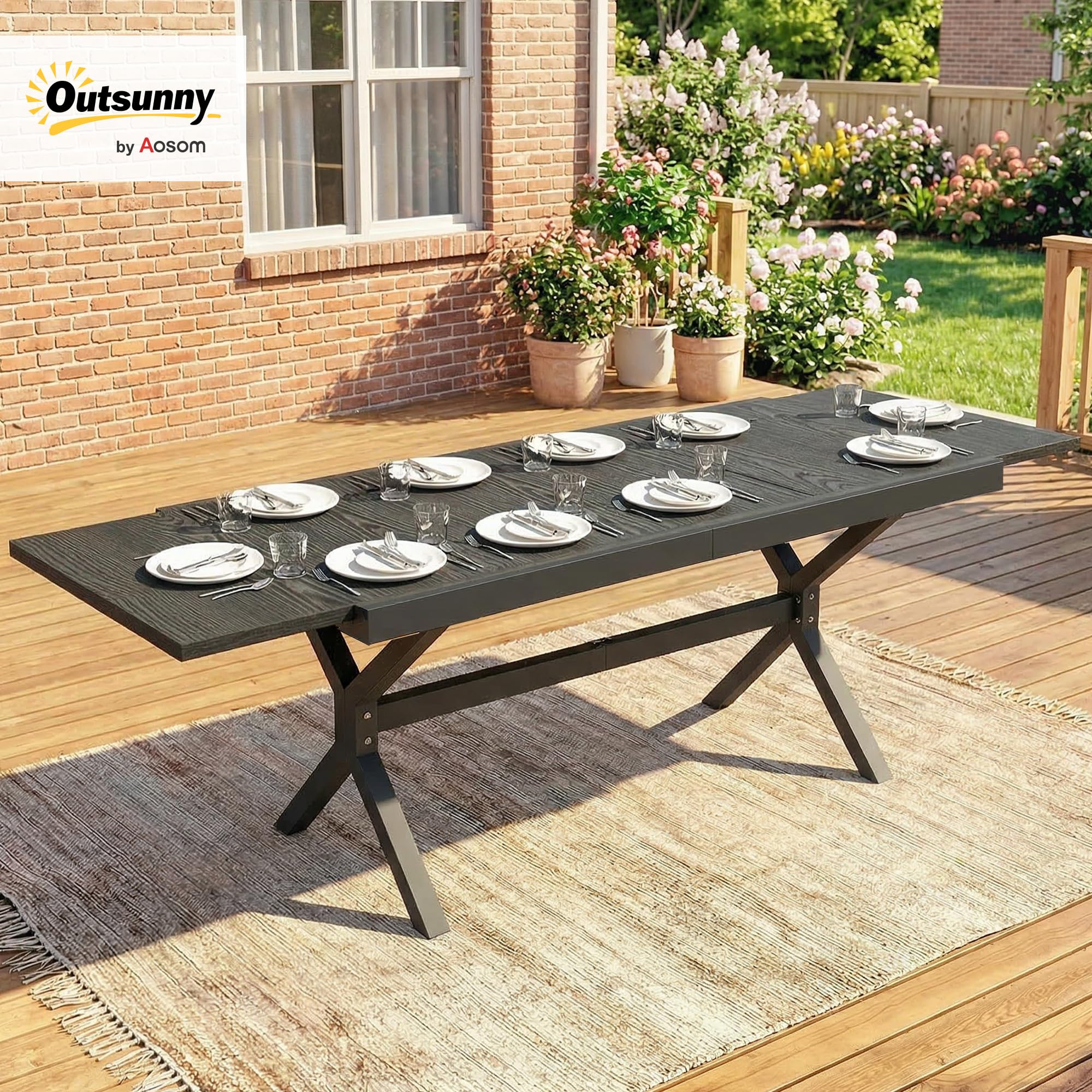 Outsunny Mesa de Jardín Extensible con Superficie de Aluminio, 154/214x85 cm, Mesa de Comedor Exterior Extensible Rectangular con Imitación Madera para 8-10 Personas, para Patio, Terraza, Gris Oscuro