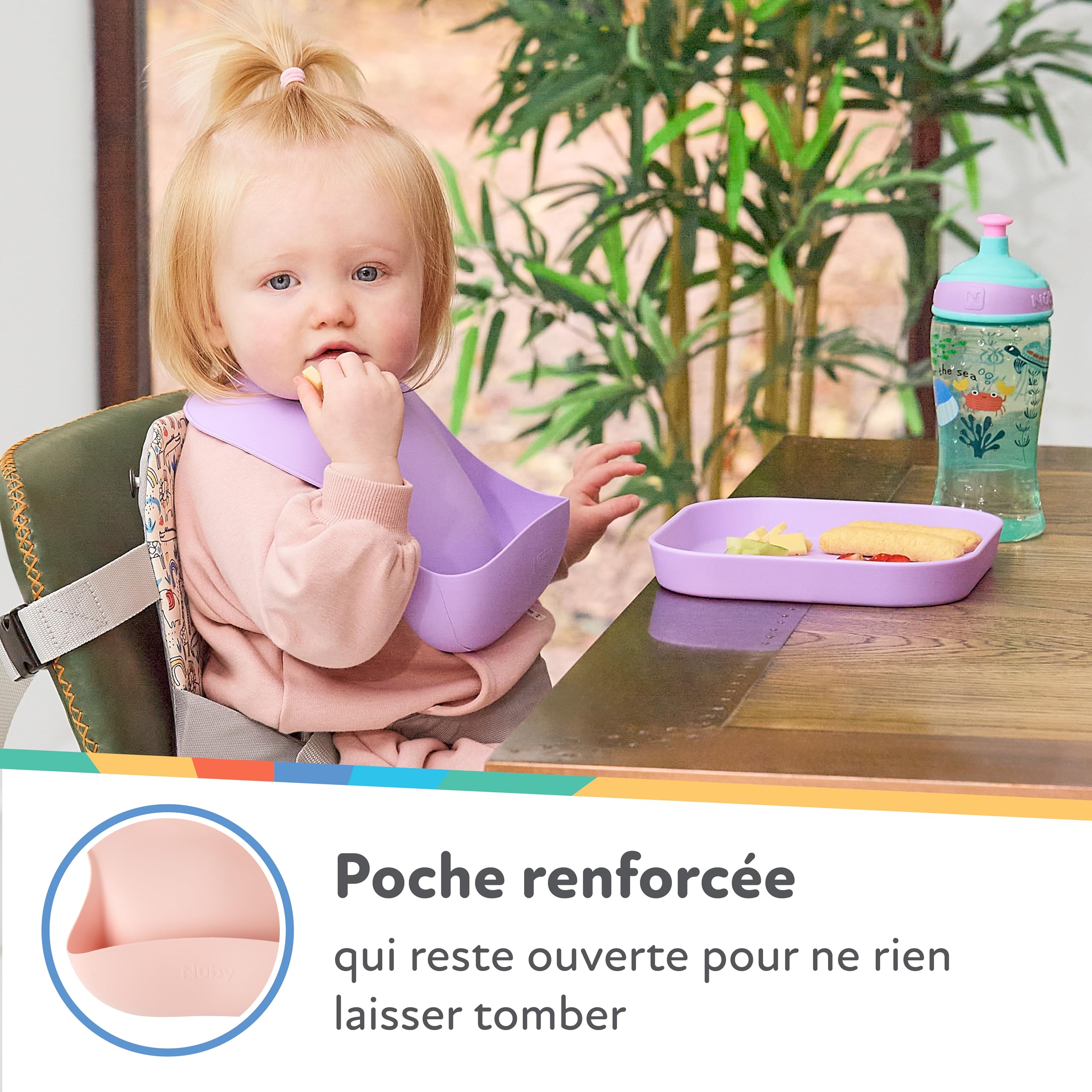 Nuby Lot de 3 Bavoirs Bébé en Silicone Fille – Imperméables & Faciles à Nettoyer – Souples et Réglables – Poche Récupératrice de Nourriture – Bavoirs Repas Bébé et Tout-Petit