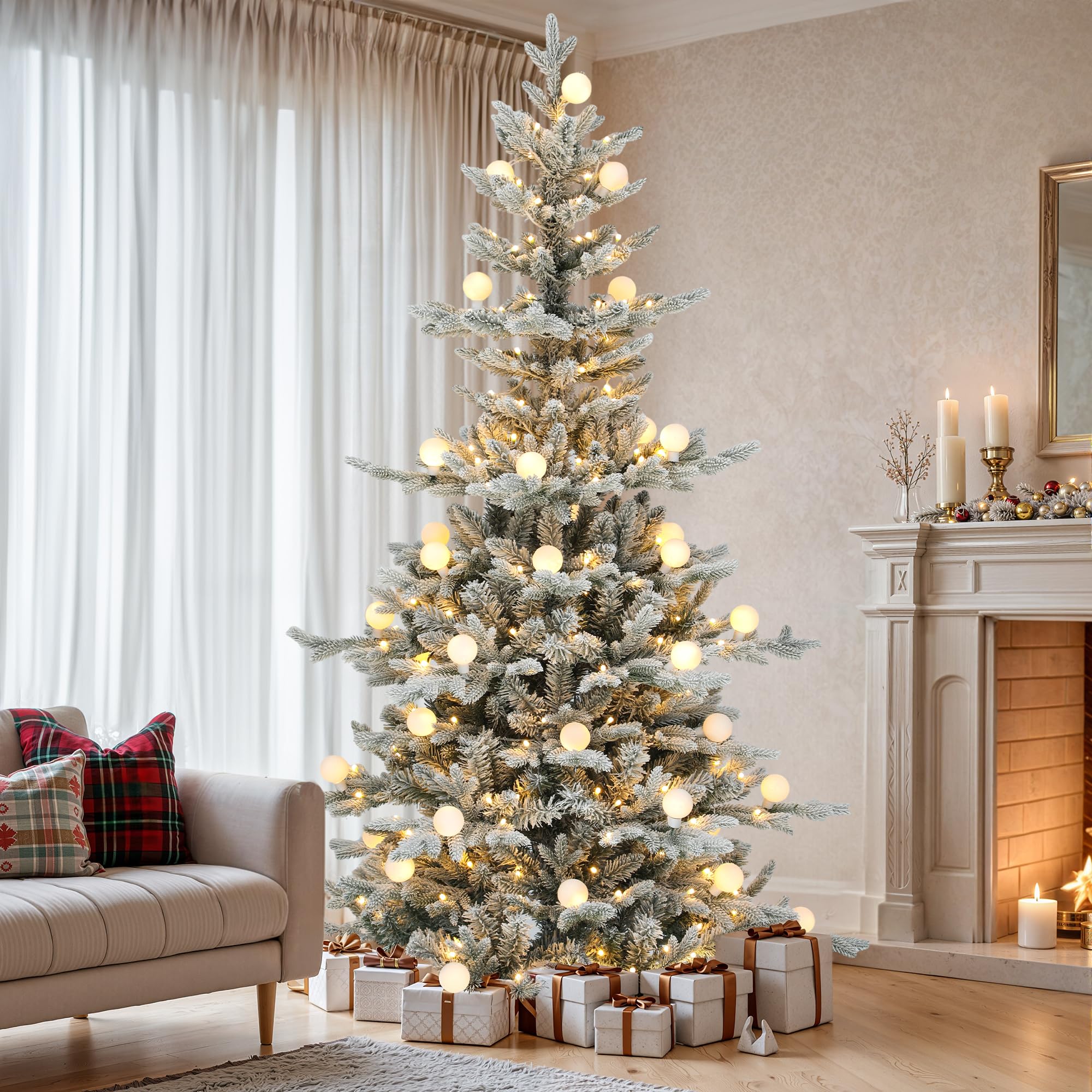 YITAHOME Albero di Natale artificiale da 180 cm con telecomando, albero innevato con tecnologia a cerniera, 1338 punte di rami, 270 luci bianco caldo e multicolori con paralumi rimovibili, 11 modalità