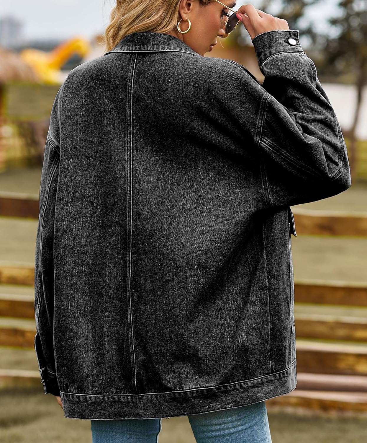 PAODIKUAI Women's Oversized Denim Jacket Casual Long Sleeve Vintage Jean Jacket Top Coat with Pockets - Image 6