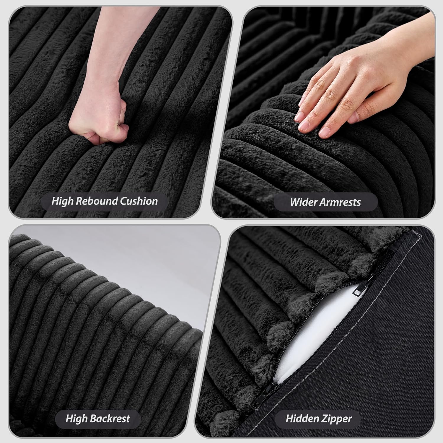 Giant Bean Bag Chair for Adults, Non-Slip Floor Sofa with High Backrest & Wider Armrest, Upgrade Whole Sponge Bean Bag Sofa Couch for Bedroom Living Room(Large,Black,Stripe Plush)
