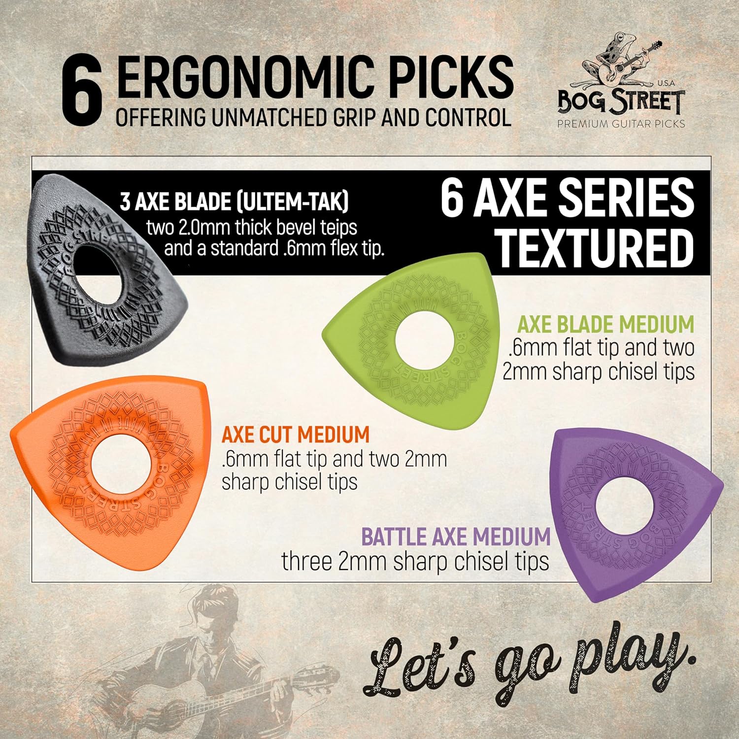 Bog Street Textured AXE Series Ergonomic Guitar Picks Thin Guitar Pick Pack of 6 with CUT, BLADE & BATTLE AXE Picks for Guitar - Made in USA Non Slip Guitar Picks Thick and Thin Pack