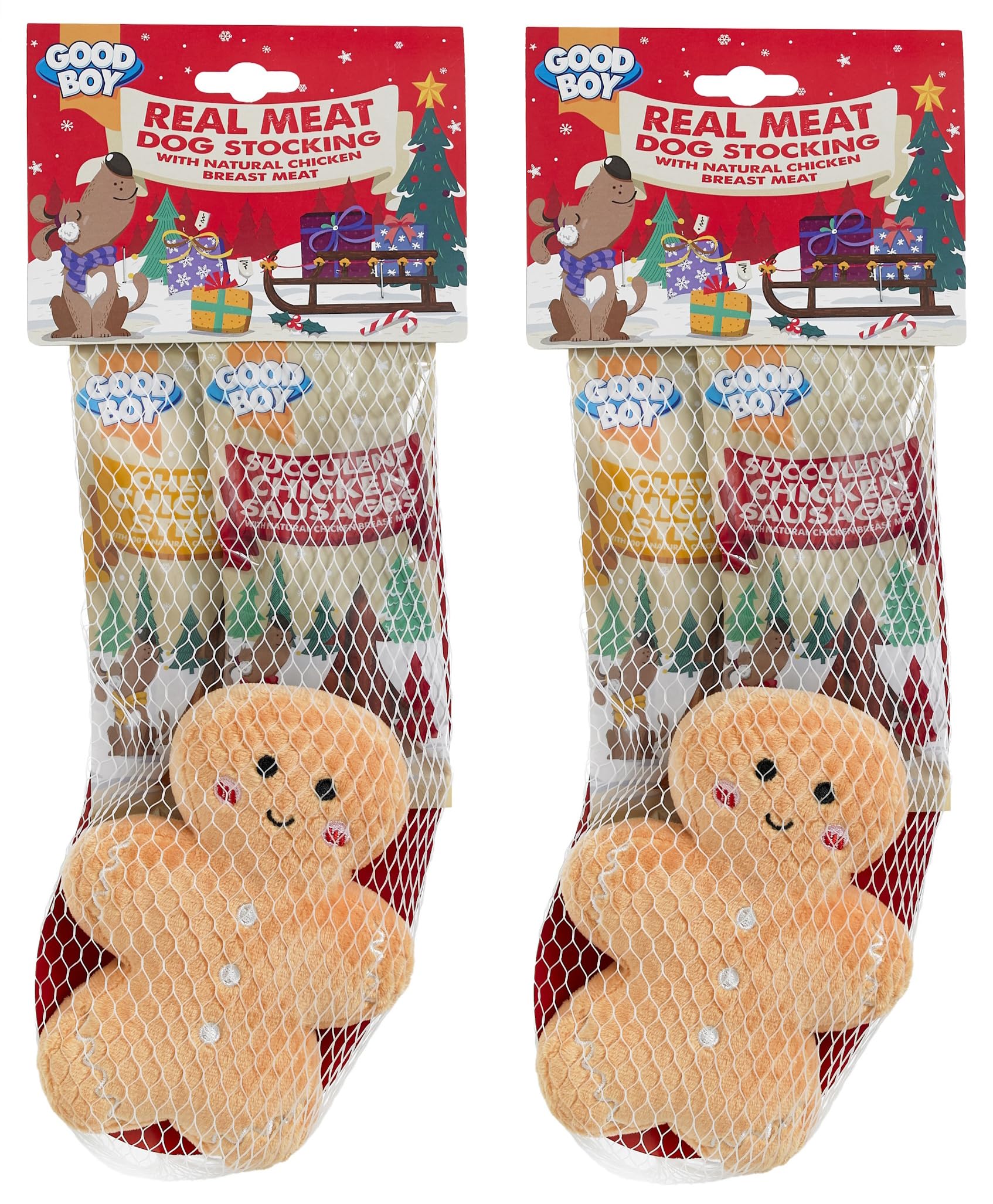 WUNDAPETS 2 PACK GOODBOY REAL MEAT DOG STOCKING FESTIVE NATURAL MEAT TREATS & TOY