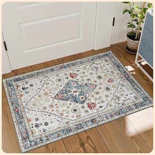 Istana 2 X 3 Area Rugs Indoor - White Cream/Blue Rugs for Bedroom - Foldable Boho Rugs for Living Room - 2x3 Area Rug - Anti-Slip Under Dining Table Rug - 2x3 Non Slip Rug W/Soft Microfiber