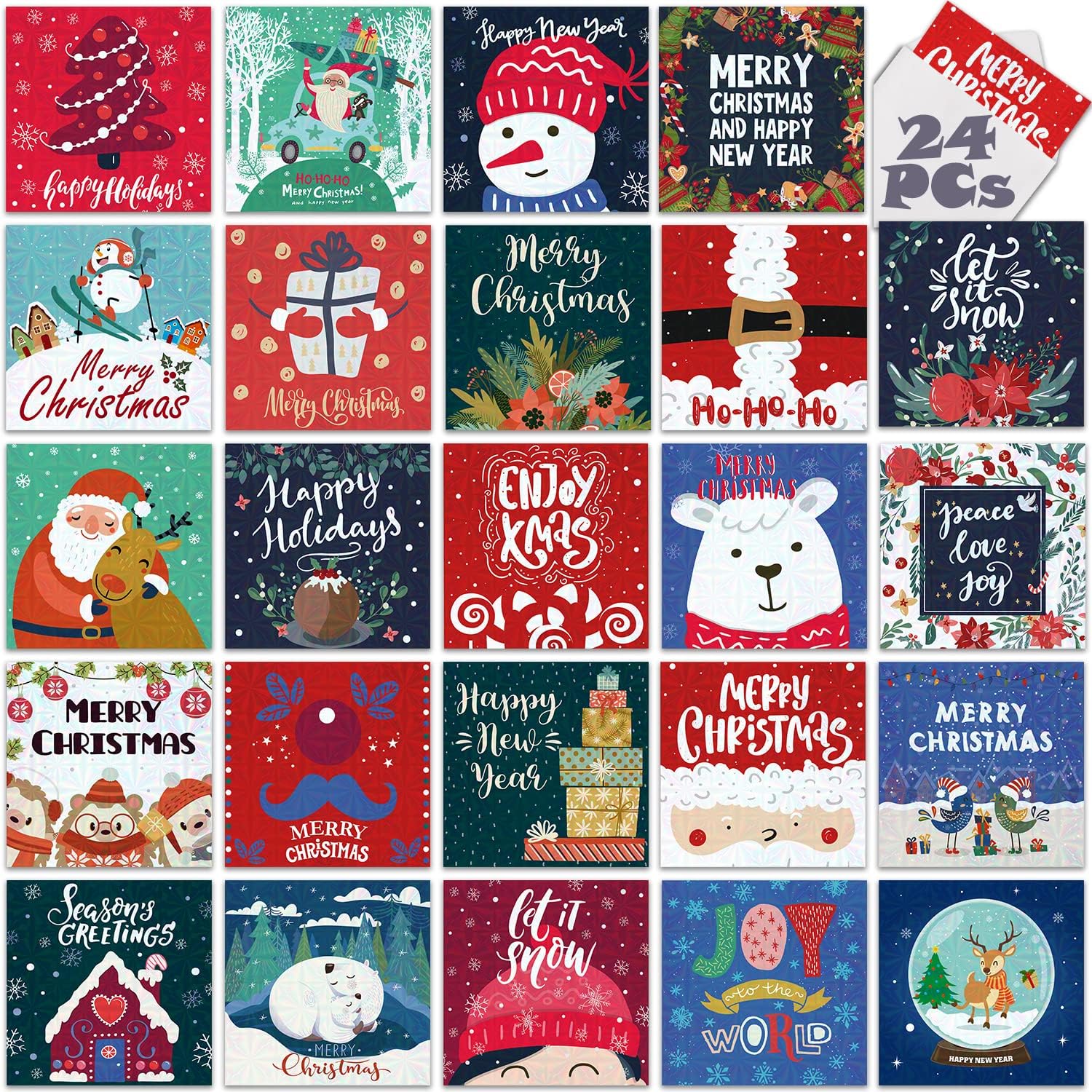 DEEPLAY 24 PACK Holographic Christmas Cards, 2022 New Year's Cards, Foil Happy Winter Holiday Cards, Christmas Thank You Cards, 24 Cards, 24 Envelopes, 24 Stickers