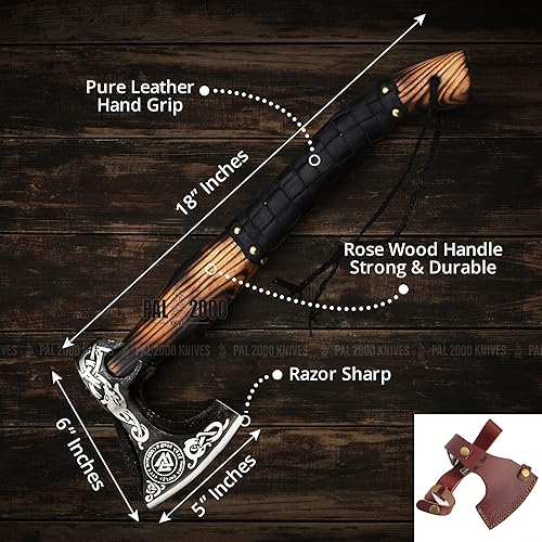 Miniatura 12 de AX-9897 Hacha hecha a mano personalizada Viking Barbudo Cabeza Camping Tomahawk Herramienta Hacha de batalla con funda Negro