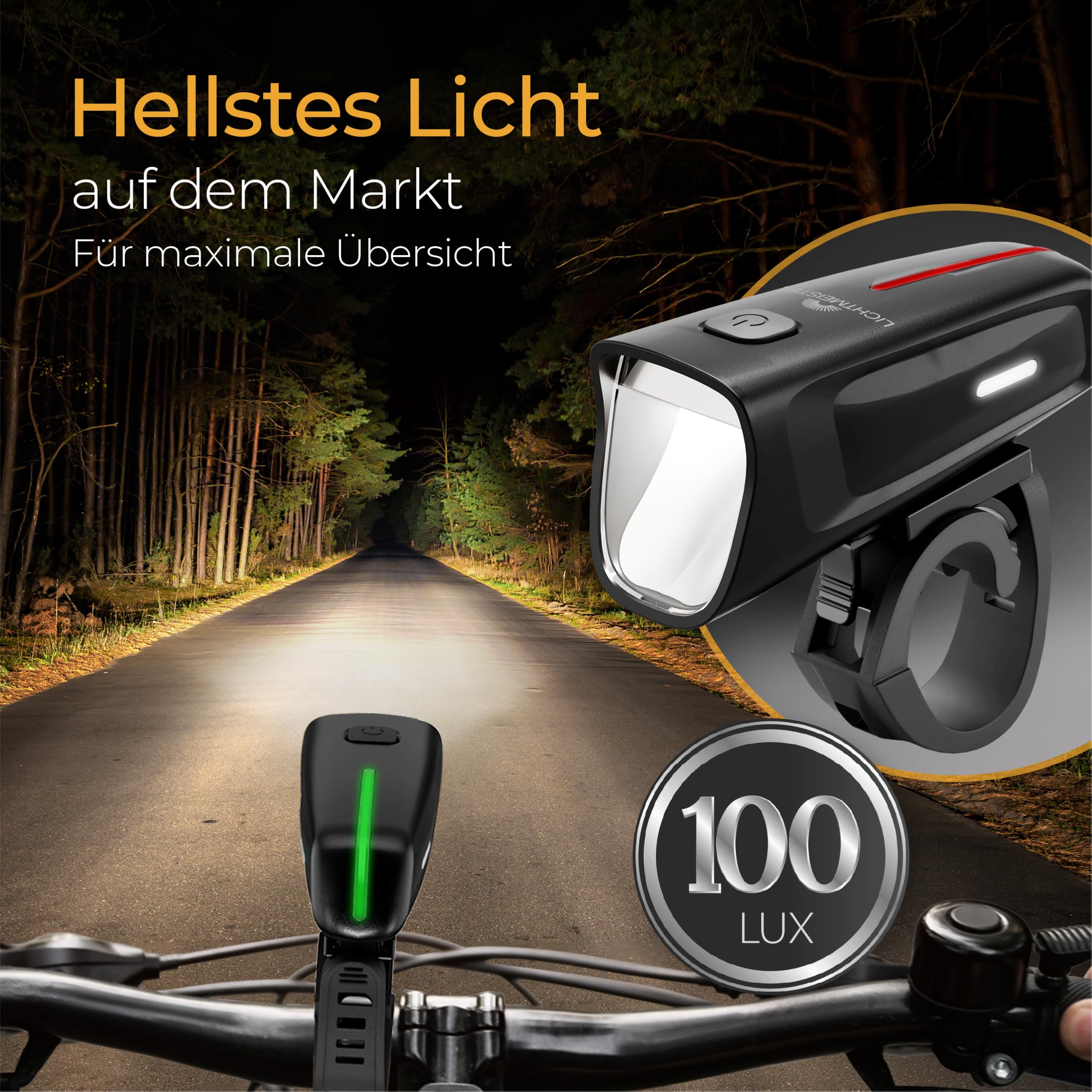 LICHTMEISTER® Fahrradlicht 100 Lux - 2000 mAh Akku - mit Reflektor und Bremslicht - StVZO zugelassen, USB-C aufladbar & wasserfest - Fahrradlicht Set - LED Fahrradbeleuchtung - Fahrrad Licht vorne