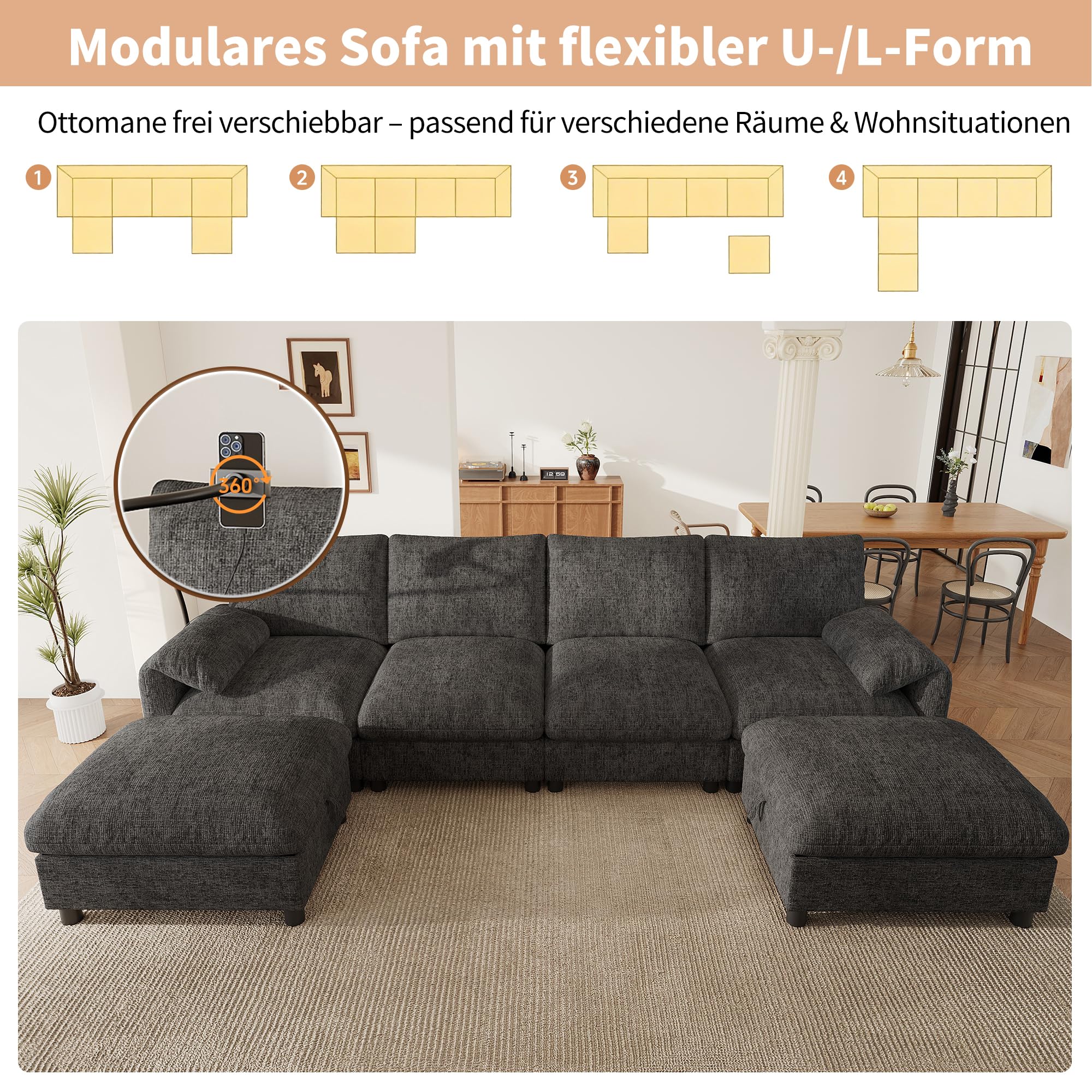 Sofá modular en forma de U con espacio de almacenamiento, felpilla, color gris (gris-A, 6 plazas)
