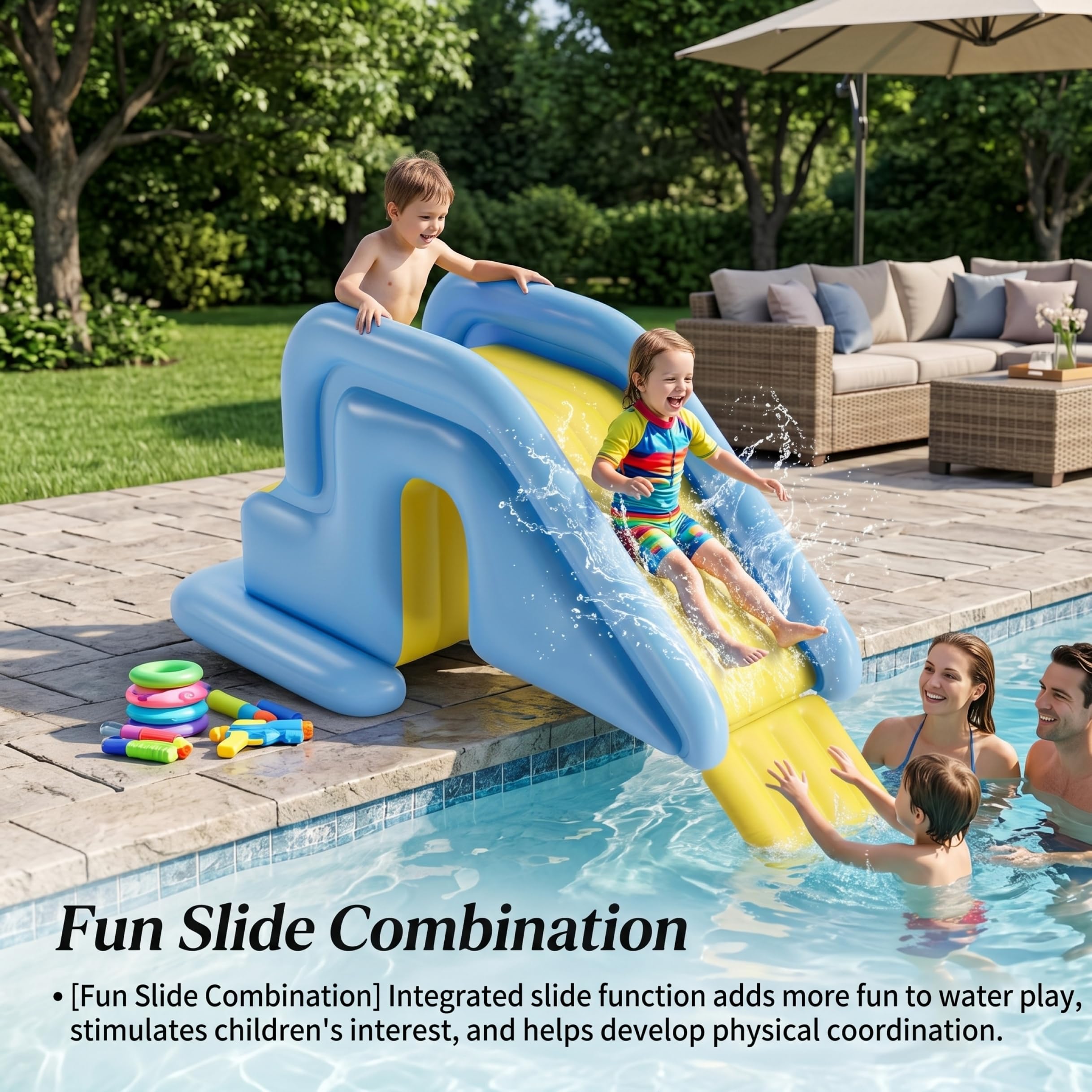 Scivolo Gonfiabile per Piscina, Azzurro, Facile Installazione per Giocare in Giardino