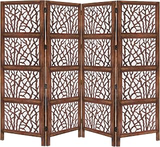 Room Divider Wood Screen - 4 Panel Folding Partition - Brown Solid Wood Frame with Sea Coral Inspired Hand Carving - Boho Free Standing Small Spaces Reversible Privacy Screen - 72 x 80 - COTTON CRAFT