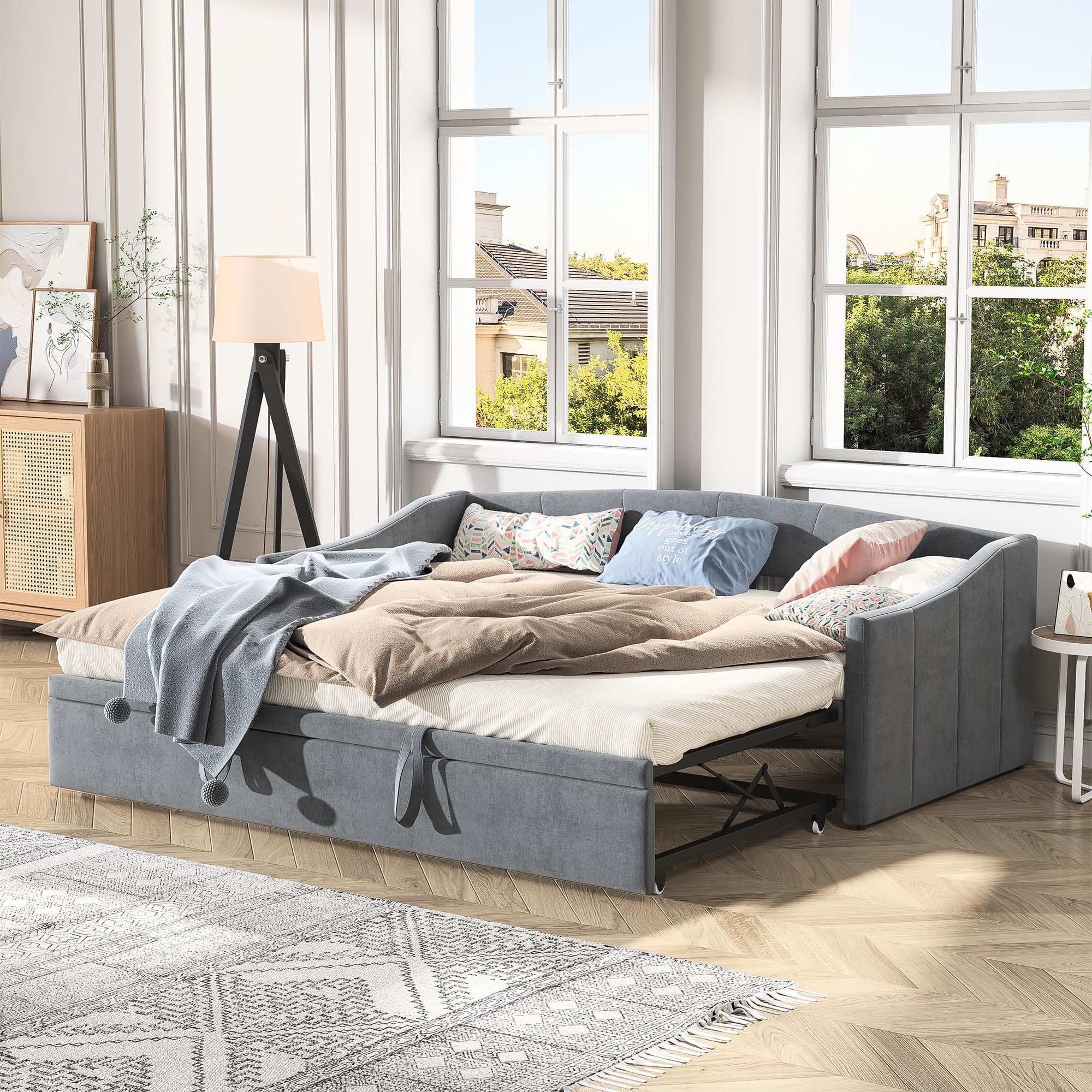 Divano letto 200 cm di larghezza, divano letto allungabile, letto a scomparsa con divano, Murphy Bed 90/180 x 200 cm, letto imbottito allungabile con rete a doghe, letto matrimoniale, tessuto di