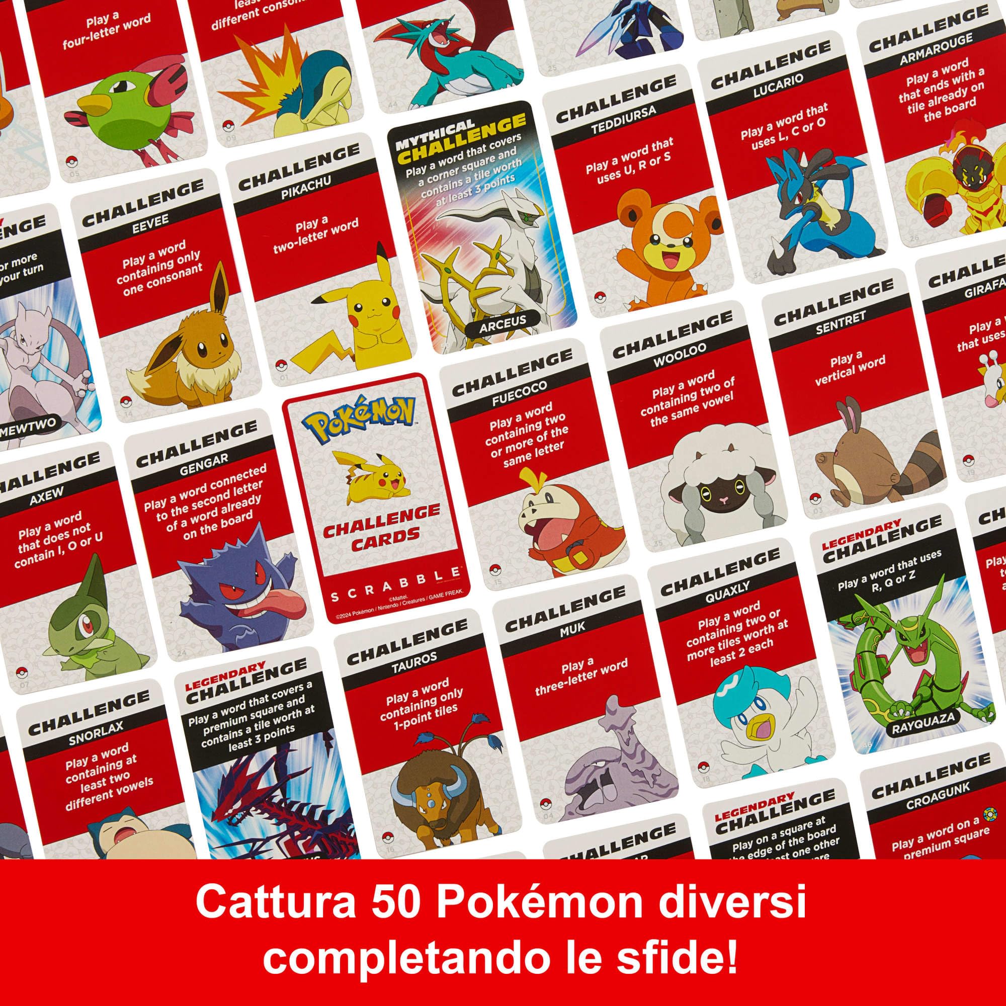 Mattel Games - Scrabble Pokémon, il gioco da tavolo delle parole crociate con 50 sfide dei personaggi Pokémon, tabellone a due facce con due modalità di gioco, versione italiana, 8+ anni, HXT30