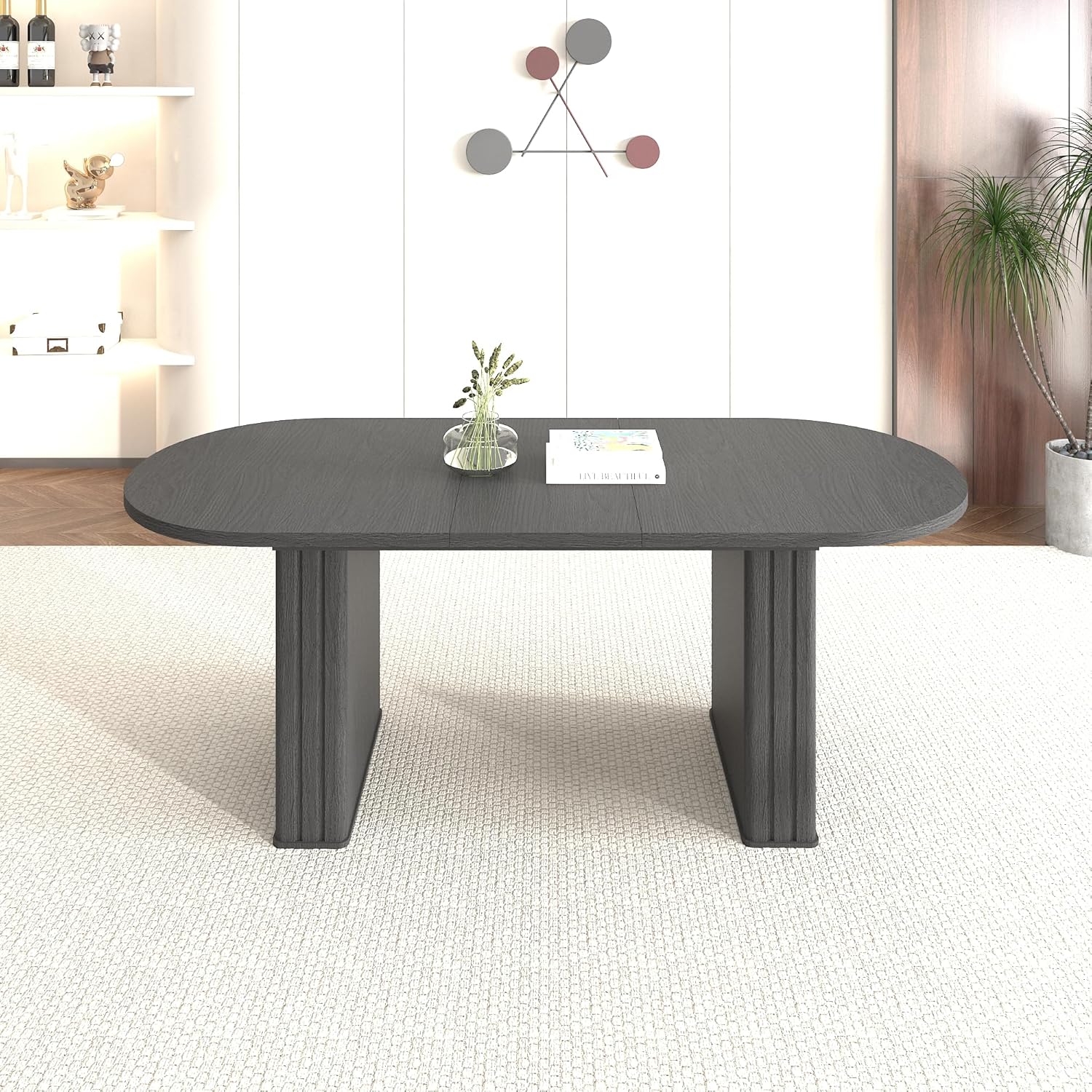 Extendable Oval Dining Table for 4-8 People, Modern MDF Kitchen Table with Wooden Strip Base, Rounded Corner Dining Room Table for Family Living Room (Black)