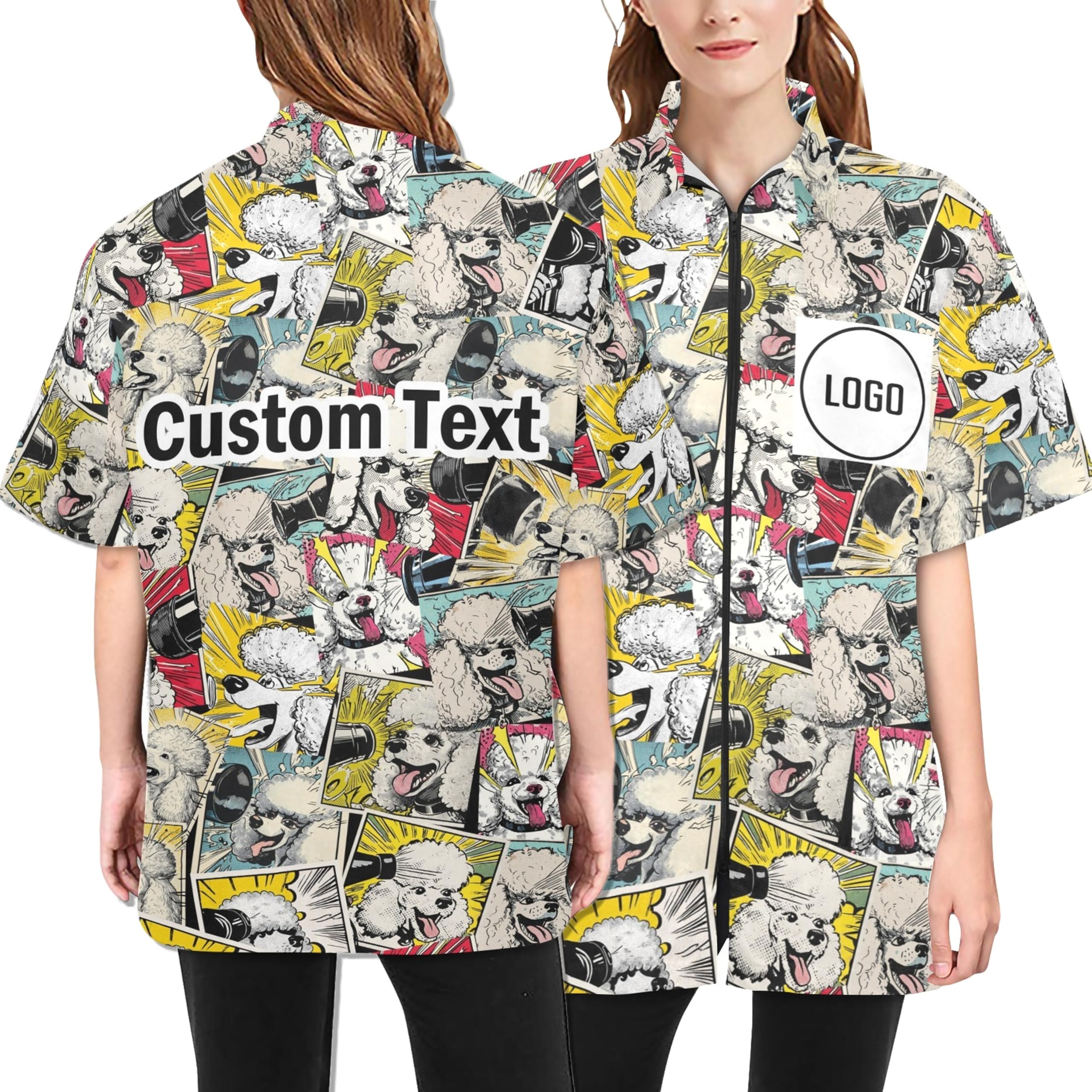 COWSROCK Custom Dog Grooming Smock with Cute Puppy Print – Waterproof, Hair-Resistant Jacket with Logo and Name, Full-Zip Uniform with Pockets for