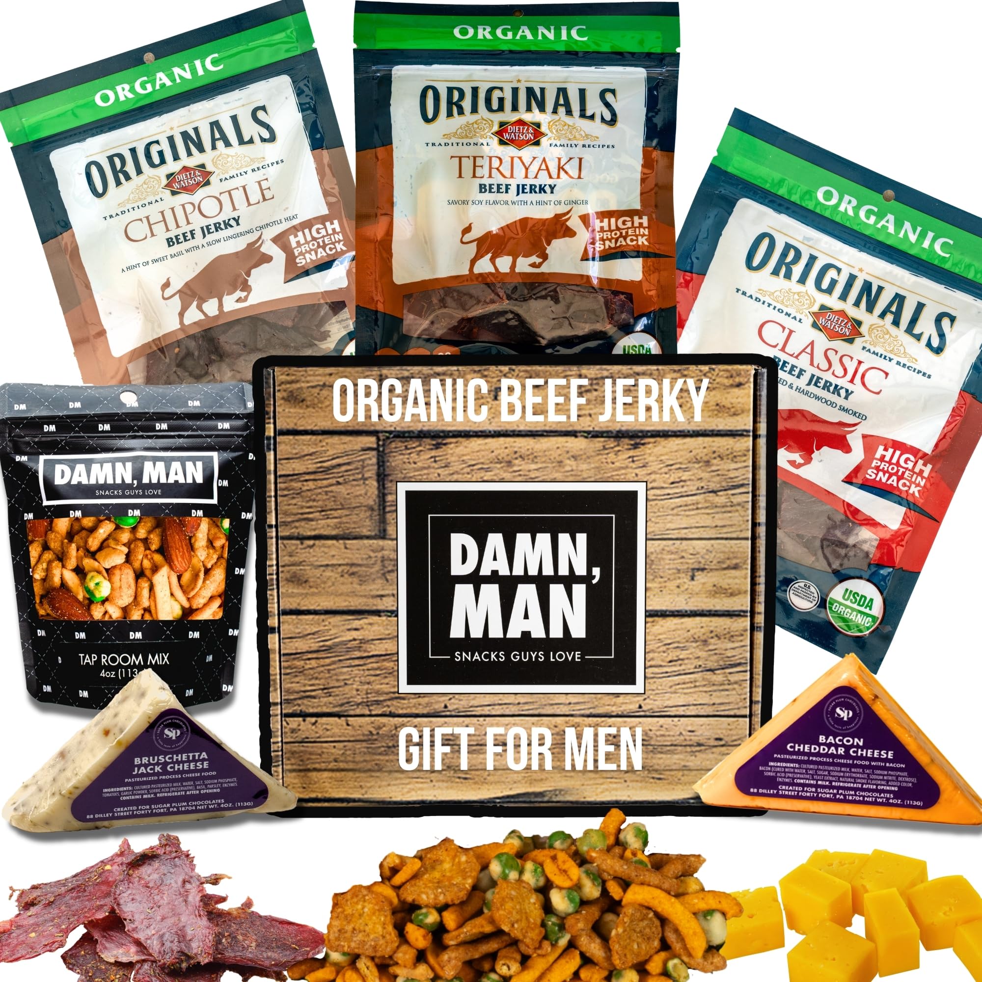 Organic Beef Jerky, Nuts, Cheese Gift Basket for Men - Great Gift for Men, Dad, Ultimate Snack Food Variety Pack with Great Flavor and Snack Variety, Great Birthday Gift
