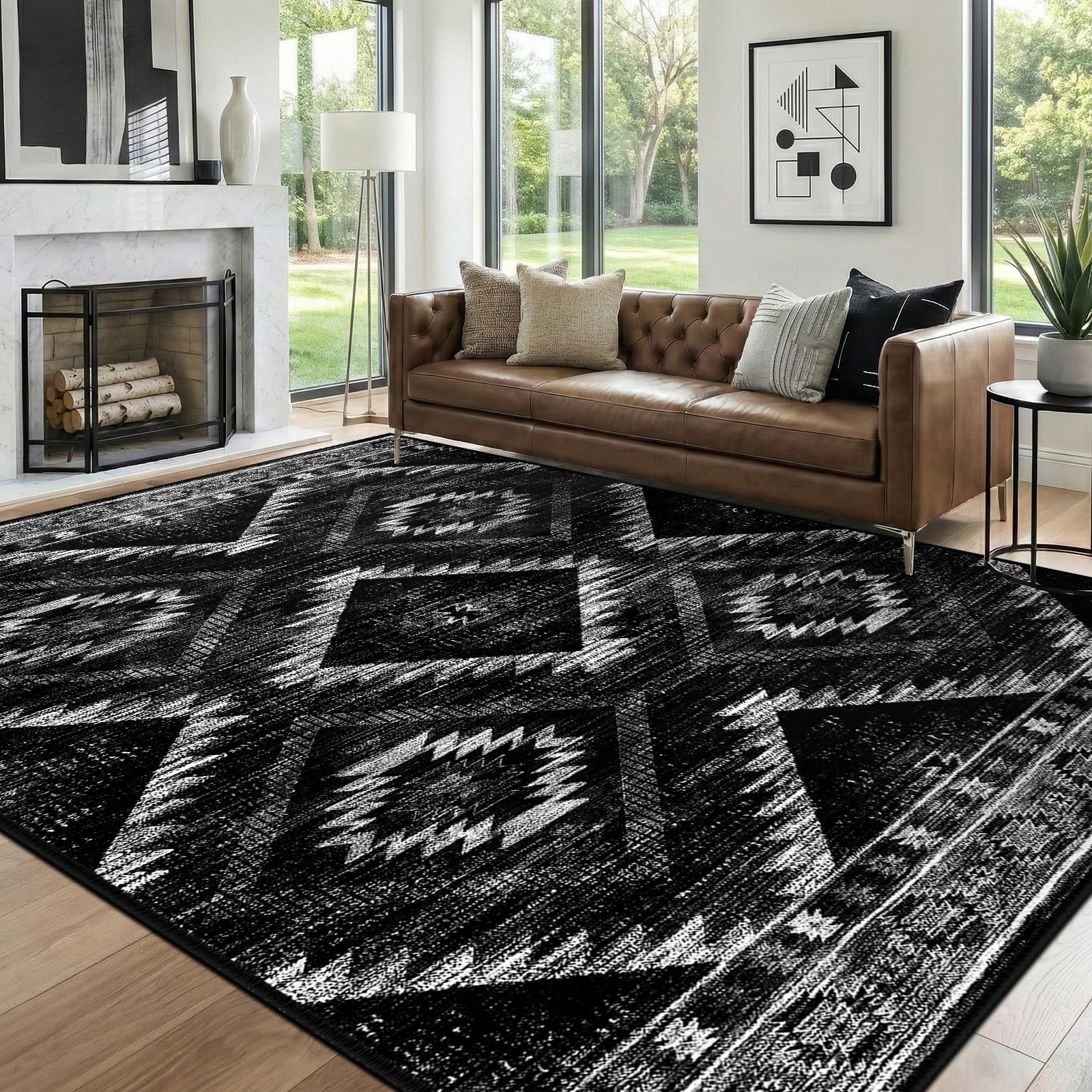 Area Rug 6x9 Rug Machine Washable Non-Slip Low Pile Print Pattern Western Rug for Living Room Bedroom Entryway Tribal Series -Black