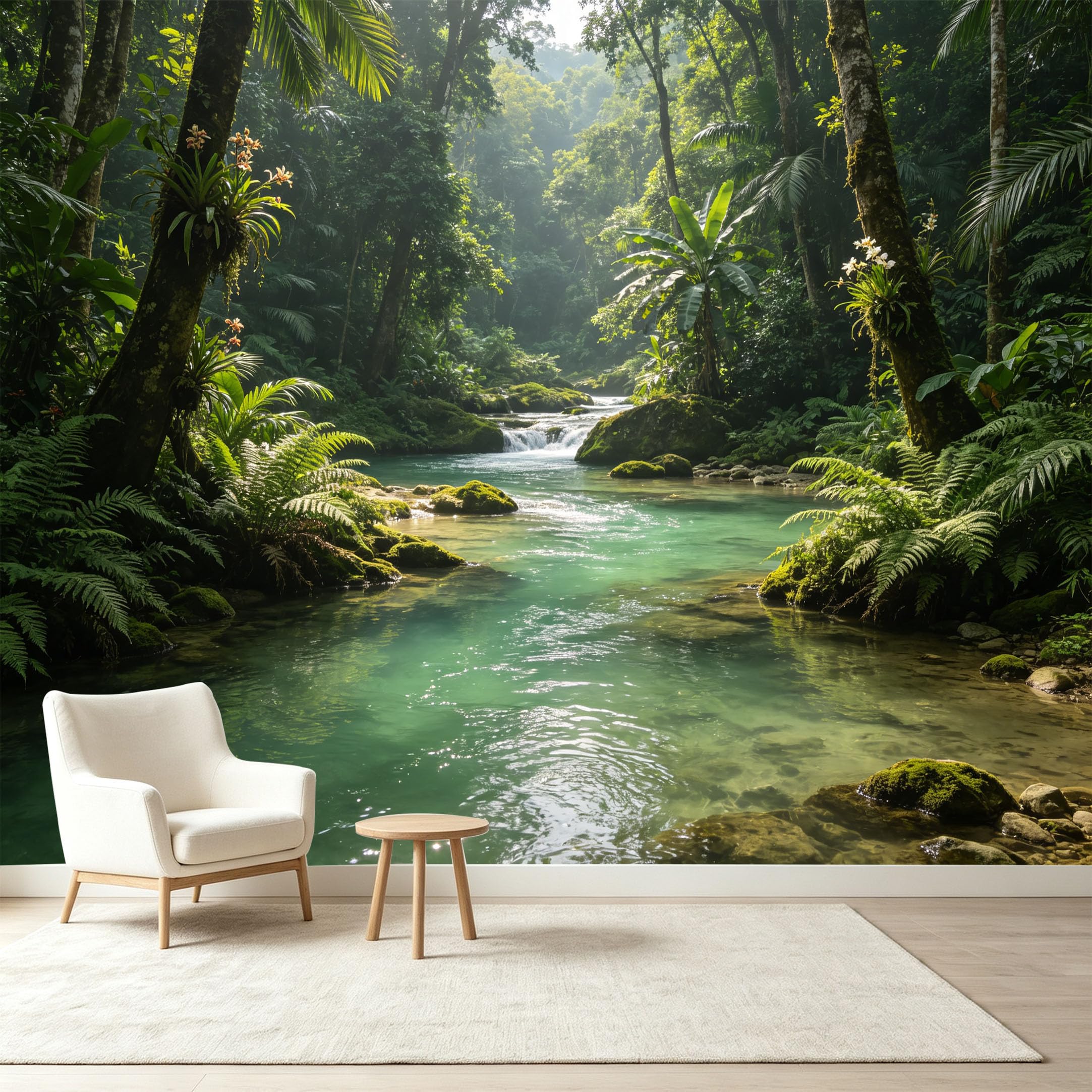 Custom Size Wall Murals Tropical Jungle River Botanical Landscape Self-Adhesive Wall Fabric Removable Wallpaper Wall Decor for Living Room Bedroom Bathroom