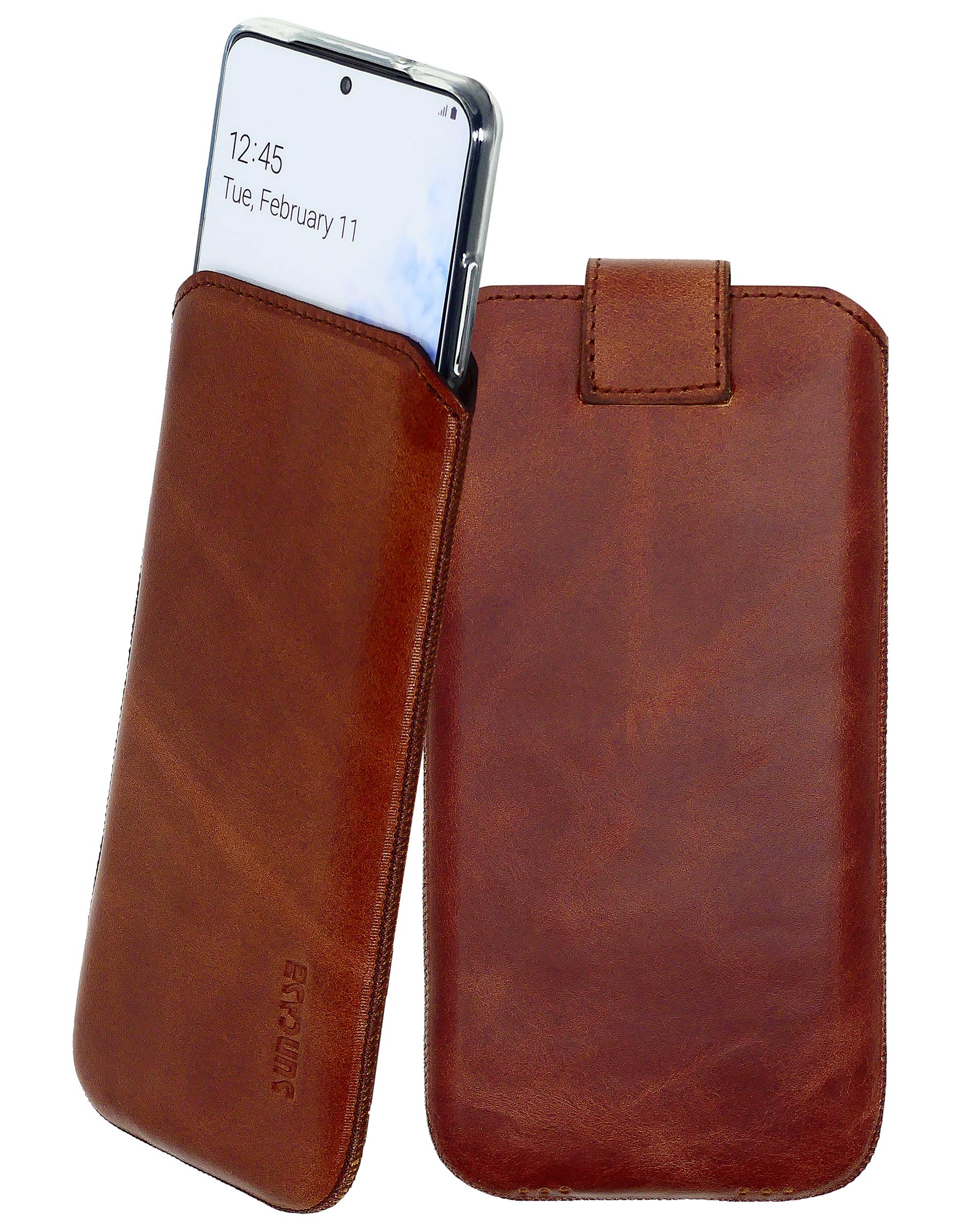 Suncase Custodia In Vera Pelle Per Xiaomi Mi 9 - Colore Cammello Antico, Con Silicone Trasparente E Linguetta Di Estrazione