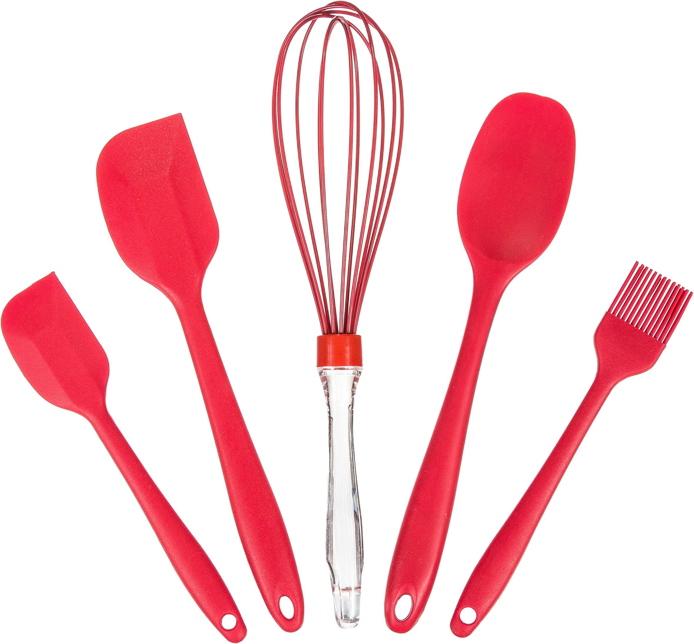TKH Silicone Bakeware Utensils Sets, 5-Piece Spatulas, Whisk, Spoon, Pastry Brush - Red