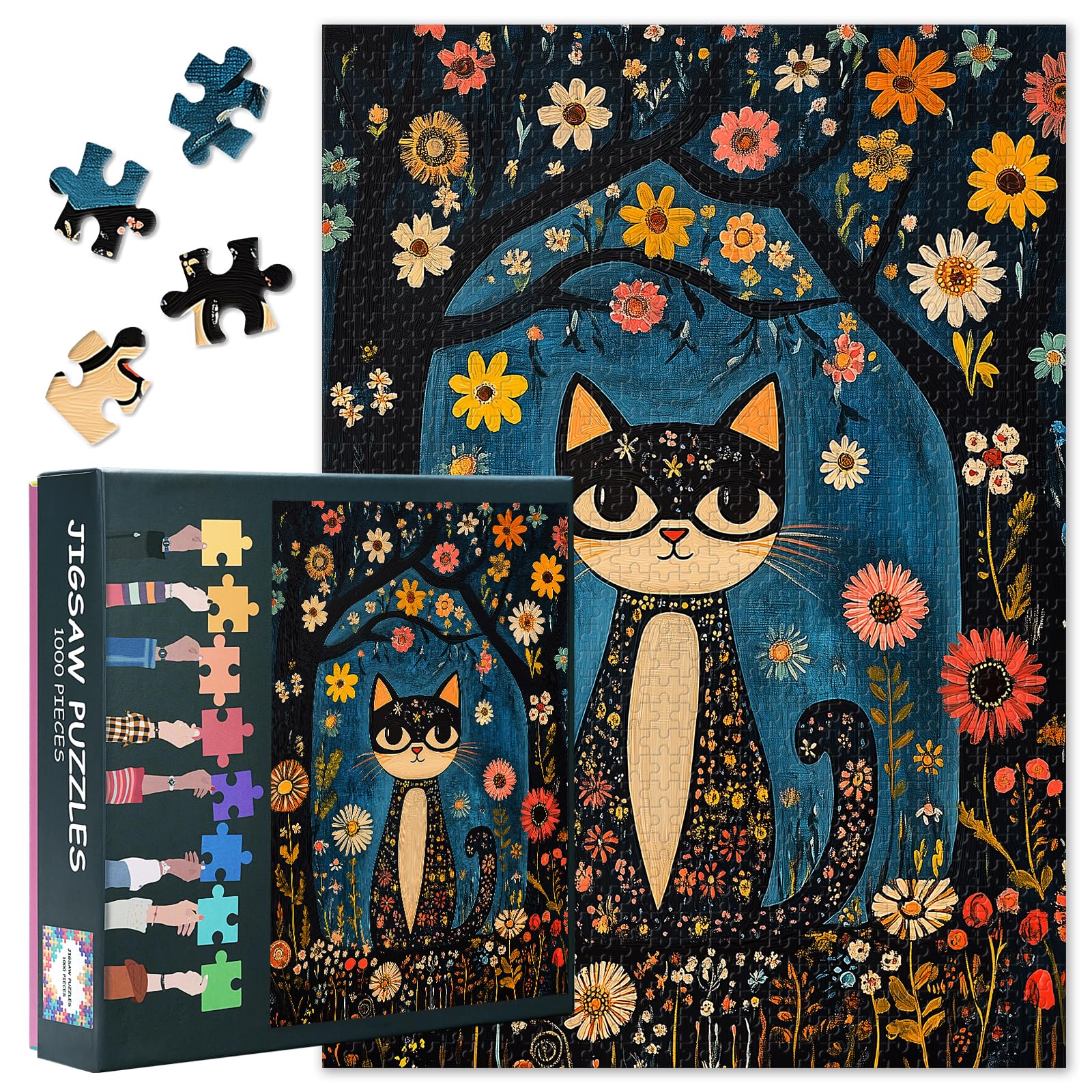 Black Cat 1000 Piece Jigsaw Puzzles for Adults - Colorful Blooming Flowers Theme Challenging Puzzle, 27.5x19.7 Inch Family Educational Games & Home Decor Gift (Animals Series)
