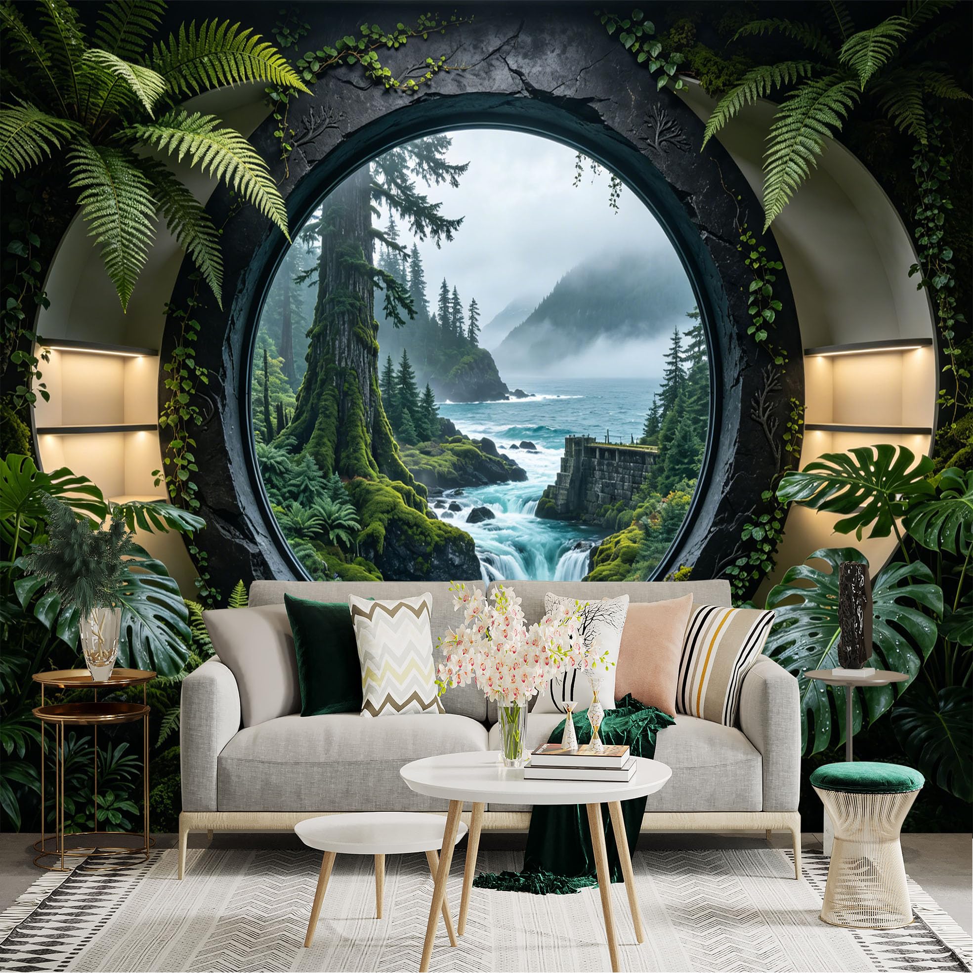 Lnzczhyre Dbh260521134 Custom Size Wall Sticker Mural， Circular Window View Of Misty Coastal Forest， Waterfall And Mossy Rocks， Tropical Ferns And Botanical Elements， For Wall Decoration， Peelandstick Wall Decals.
