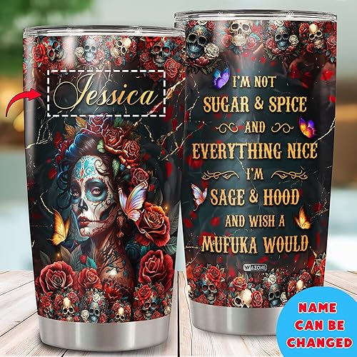 Miniatura 2 de Vaso personalizado con diseño de calavera de rosa con tapa, con aislamiento de acero inoxidable con texto en inglés "I I'm Not Sugar Spice - Vasos