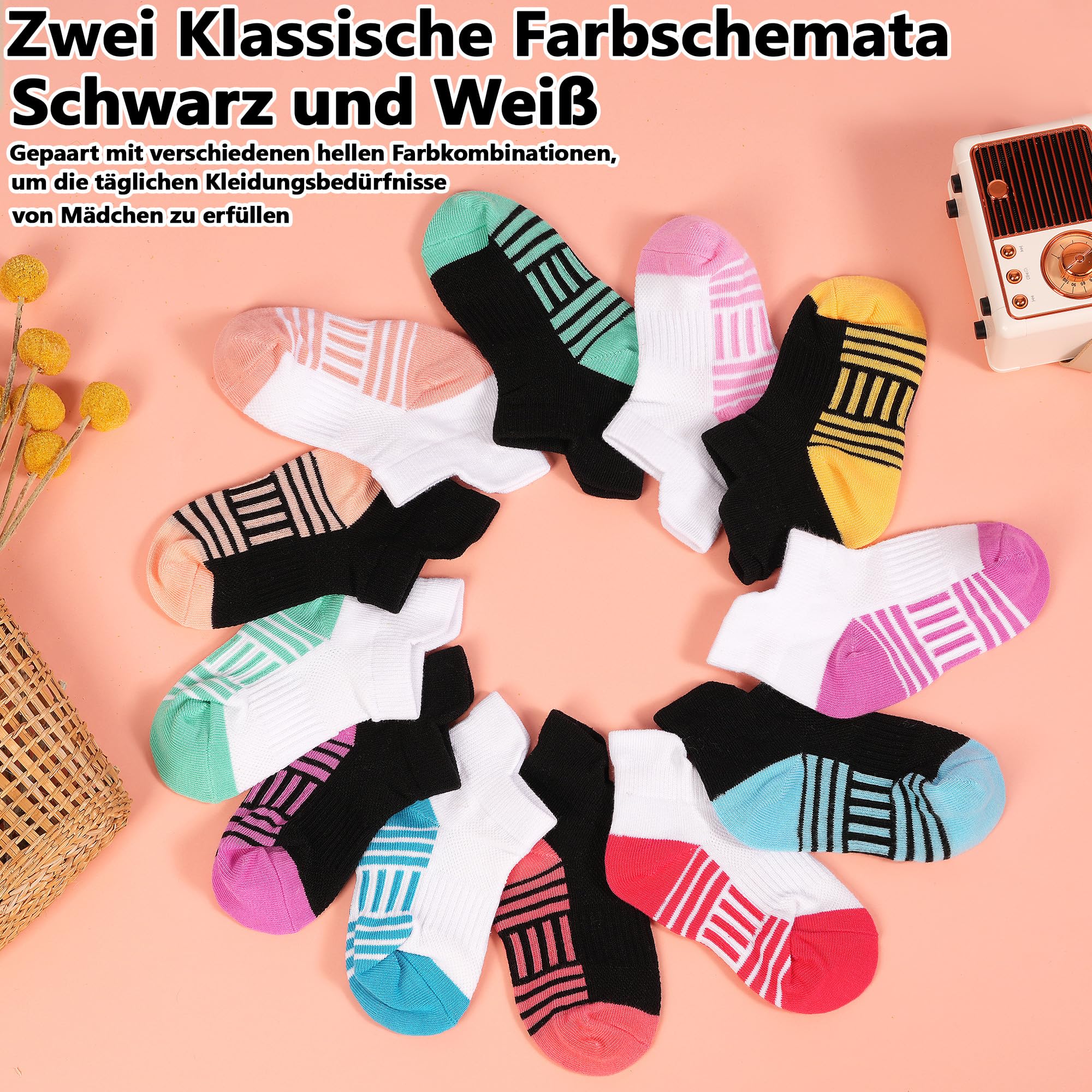 GENTABY Dziewczęce skarpety do sneakersów, dla dzieci, kolorowe skarpety sportowe, do szkoły, 12 par, klasyczne kolory, czarno-białe, oddychające, bawełniane skarpety dla dzieci w wieku 1-14 lat, 20