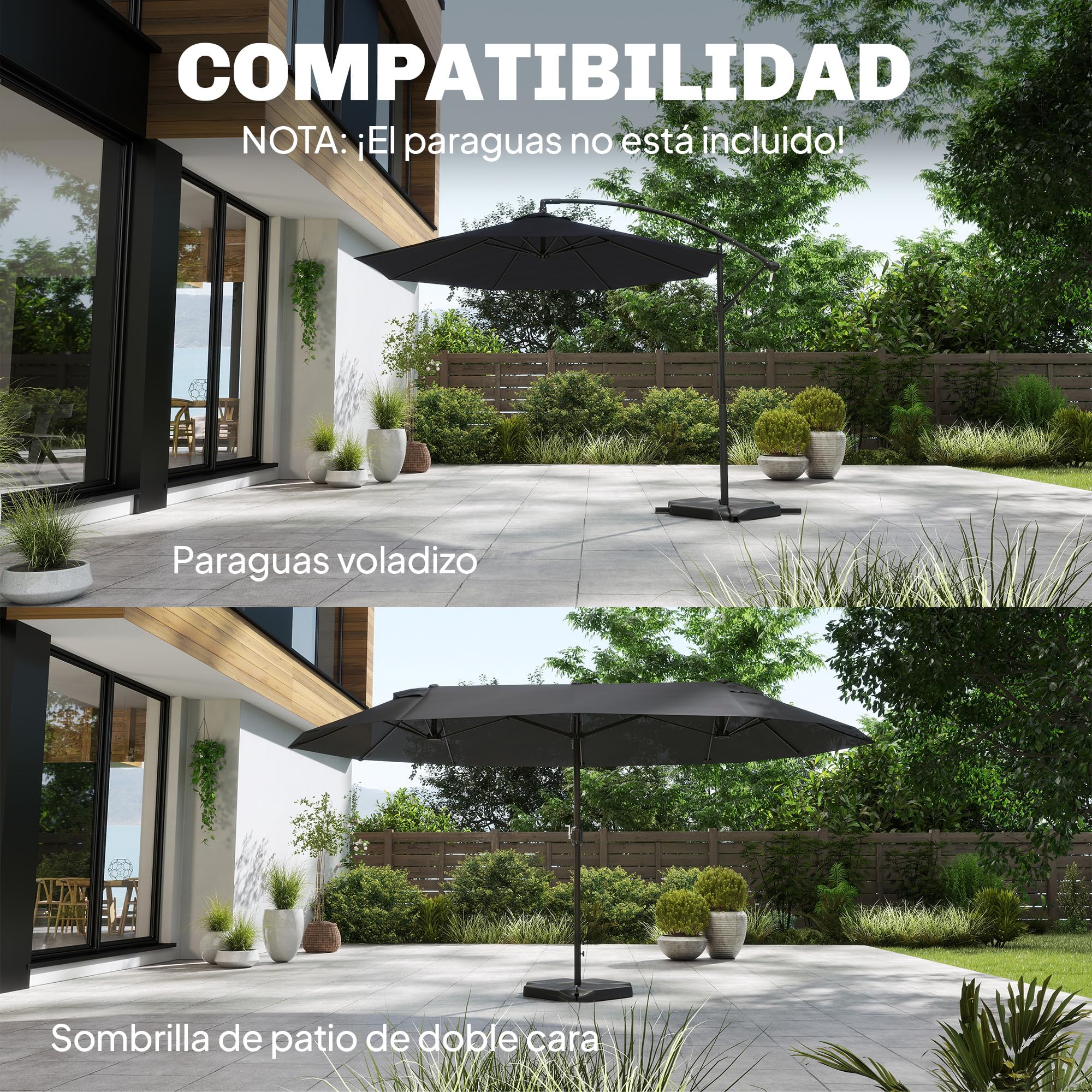 Outsunny Base para Sombrilla de 4 Piezas para Cantilever Doble Cara Negro | Soporte para Parasol, HDPE Rellenable con Agua 77 kg o Arena 100 kg, Peso para Sombrilla, Jardín, Patio