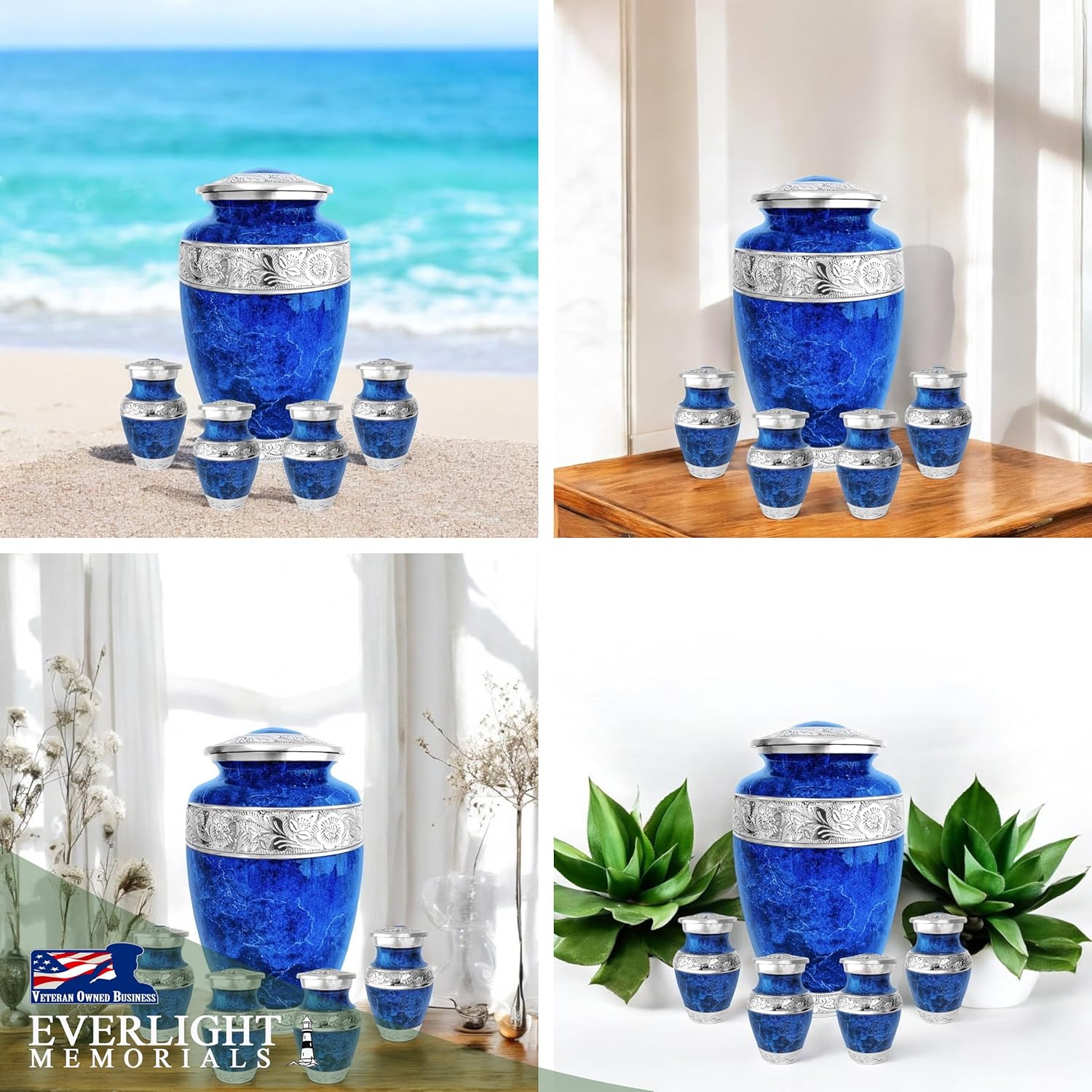 Blue Marble Cremation Urn Set for Human Ashes – Large Adult Memorial Urn with 4 Keepsake Urns, Family Sharing Urn Set, Tribute of Love and Remembrance