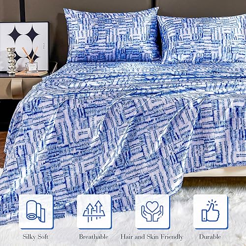 Miniatura 6 de YIYEA Sábanas de satén, estampado floral, lujoso juego de sábanas tamaño Queen de tacto sedoso, elegante juego de sábanas de satén suave, bolsillo