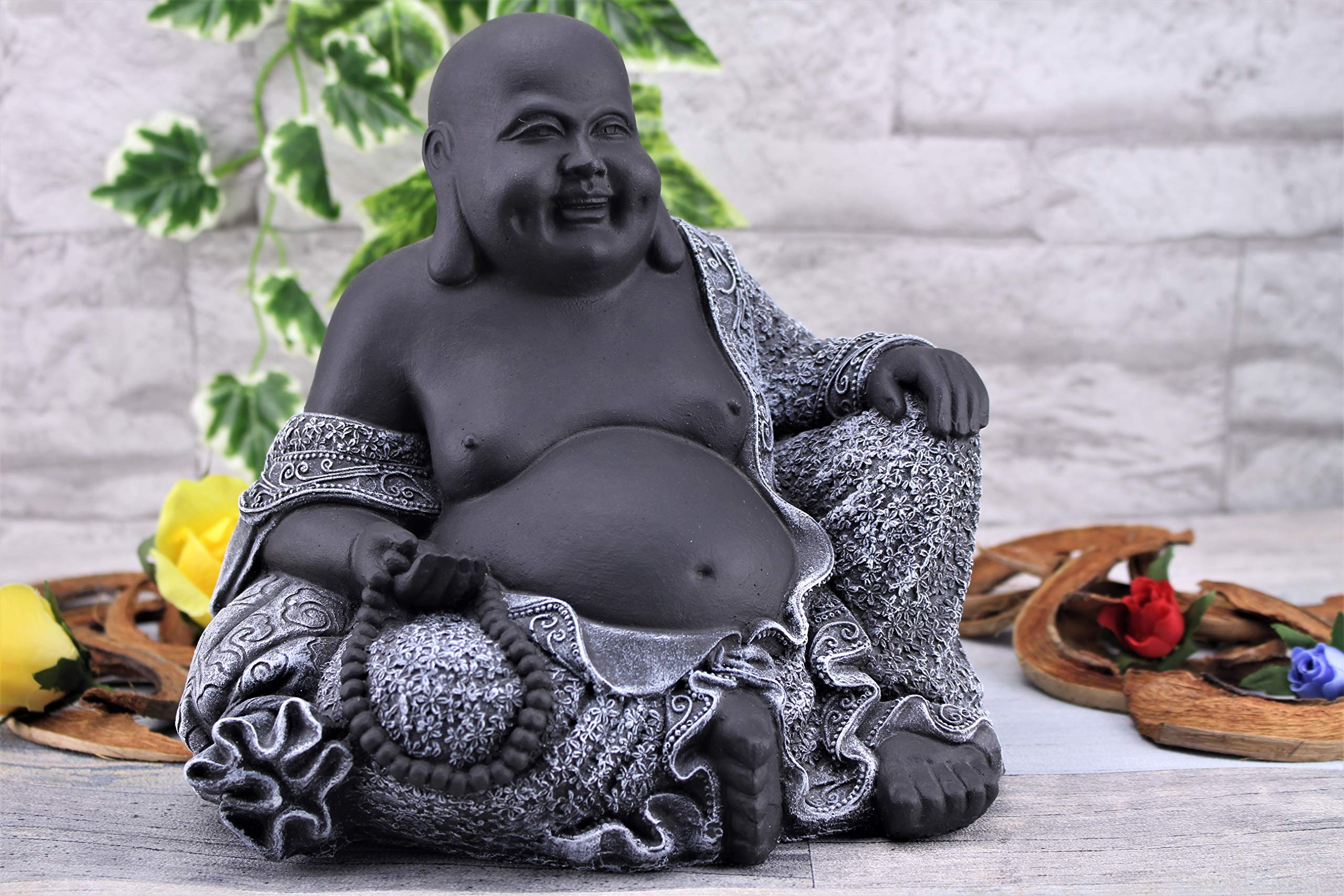 Steinfigur Buddha, 197/1 Glücksbuddha Gartenfigur Steinguss Statue Basaltgrau Schwarz