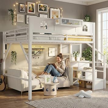 Queen Loft Bed with Stairs, Heavy Duty Metal Queen Size LoftBed Frame for Adults with Storage Shelf &Tall Guardrails , High Loft Beds with Wardrobe, LED Light & USB for Teens Girls Boys, White