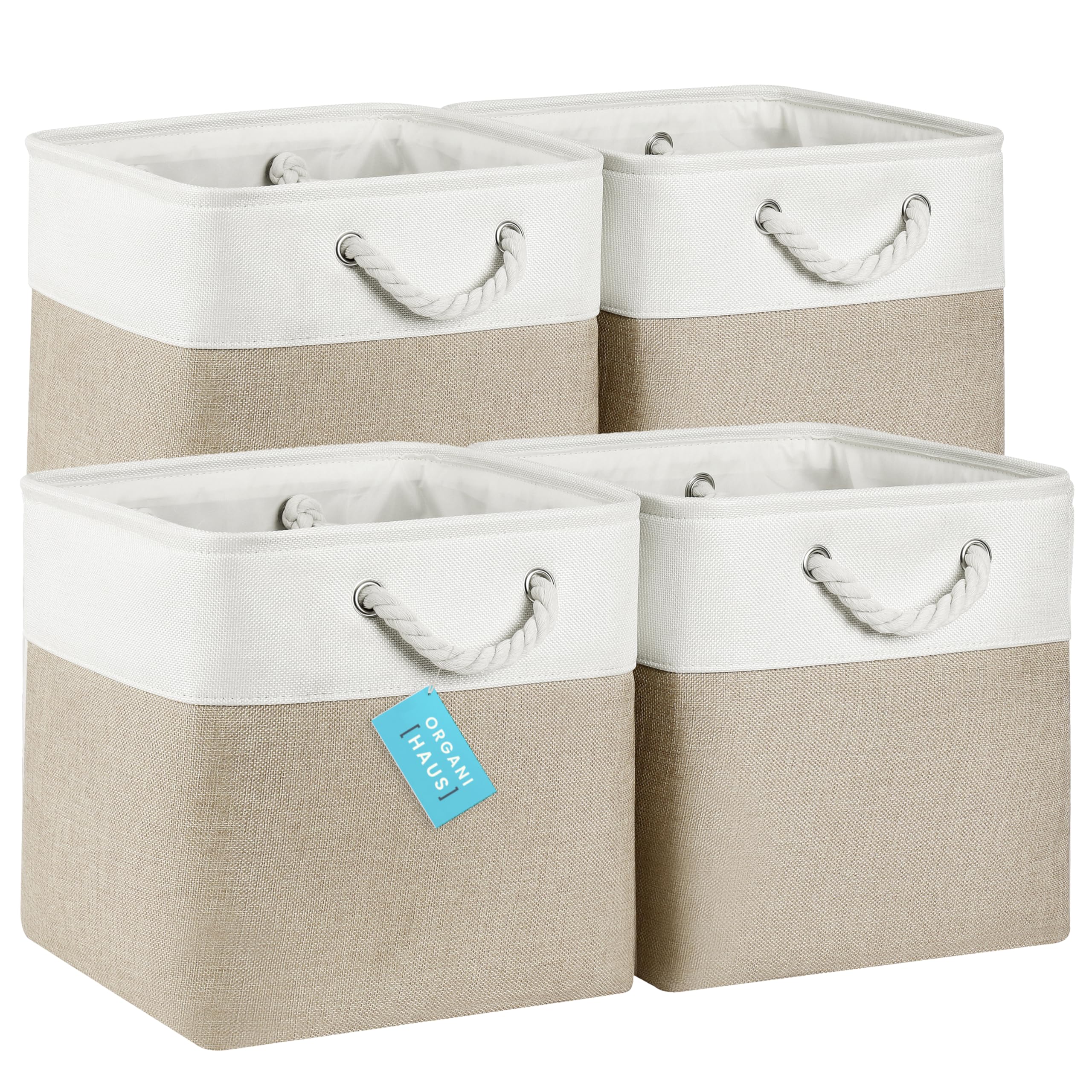 OrganiHaus 12x12 Cube Storage Bins Set of 4 | Fabric Cube Baskets for Storage Shelves | Foldable Storage Cubes for Kallax Organizer Cube Bins w Rope Handles | Cubby Bins for Nursery Decor -Beige/White