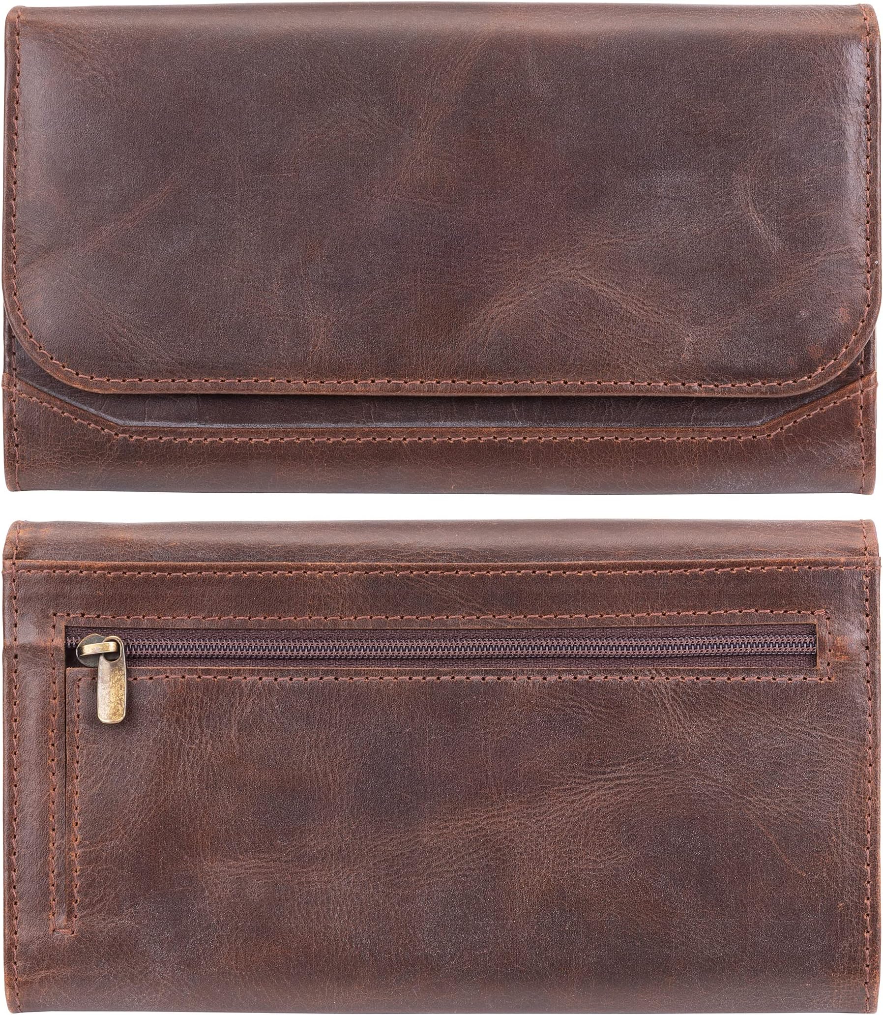 moonster Leather Purses for Women, Real Leather Womens Purse w/RFID Protection, Large Capacity Ladies Purse – 2 Zip, 3 Open & 2 Clear Pockets + 9 Card Slots, Wallet for Women Classic Brown 20x10cm