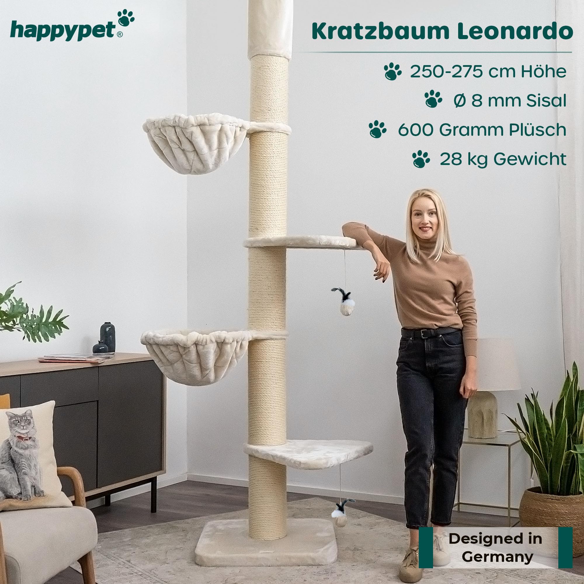 HAPPYPET Kratzbaum 'Leonardo' Grosse Katzen Stabil XXL Deckenhoch, 250 bis 275 cm - 18 cm Dicke Stämme, Liegemulden bis 20 kg, Höhle, geprüftes Holz, Katzenkratzbaum für Maine Coons & Ragdolls