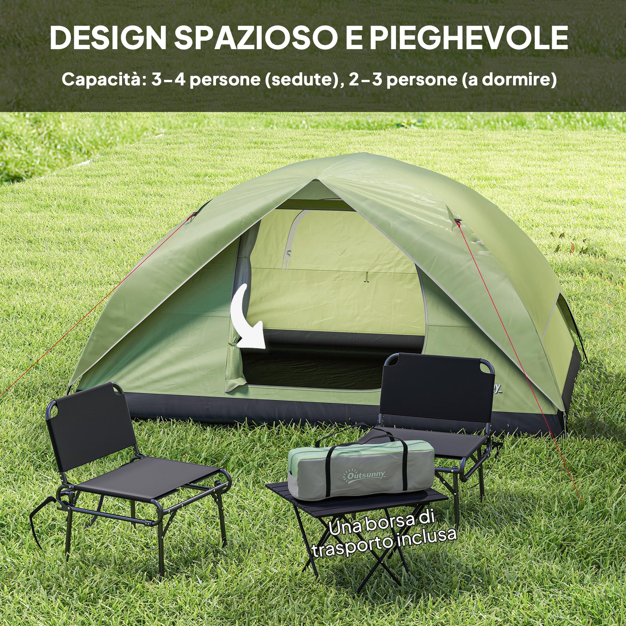Outsunny Tenda da Campeggio Famigliare per 3 Persone Impermeabile 3000mm Tenda da Trekking a Cupola con Porta di Ricarica, Tasche, Gancio per Lanterna e Borsa da Trasporto Verde