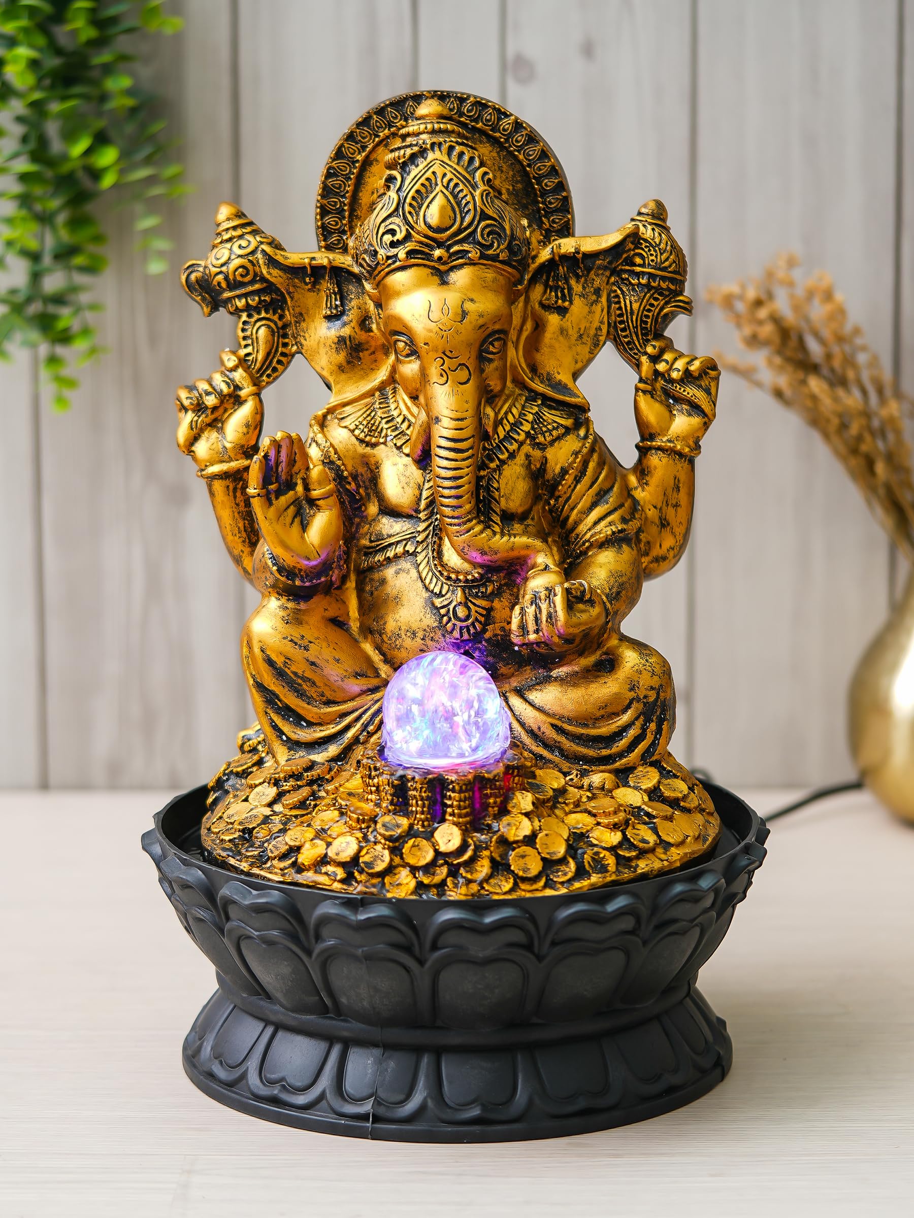 CHRONIKLE Polyresin Ganesha Idol Tabletop Indoor Home Decor Waterfall Fountain with Yellow LED Light, Speed Controller Pump & Rotating Ball (Size: 38.5 x 25 x 25CM | Weight: 2095 Gram | Color: Gold)-image-49