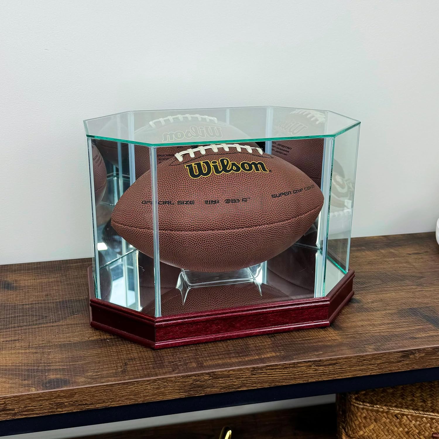 Real Glass Octagon Football Display Case with 1 1/2"" Sport Moulding | Choose Your Moulding | Select Your Glass Protection | Add Custom Personalization | Design Your Football Display Case, Wood