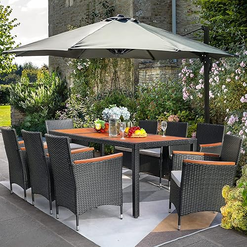 Miniatura 5 de Flamaker Juego de comedor de 9 piezas para patio, mesa y sillas de madera de acacia al aire libre con cojines suaves, muebles de patio de mimbre