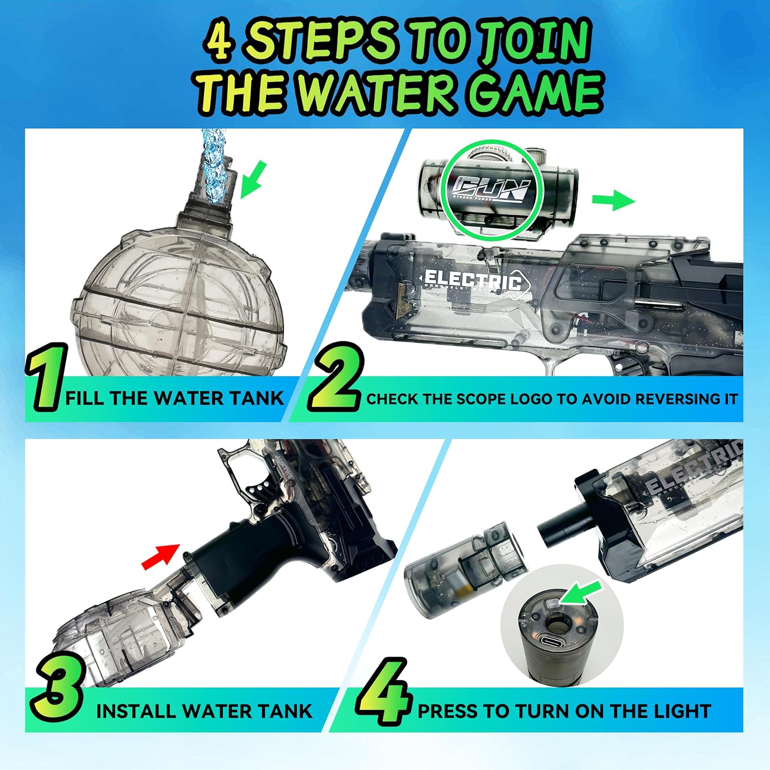 2 Pack Electric Water Guns with LED Lights, Fully Automatic Squirt Guns, 28–32 FT Long Range Water Blaster Soakers for Kids & Adults, Summer Outdoor Pool Beach Water Toys