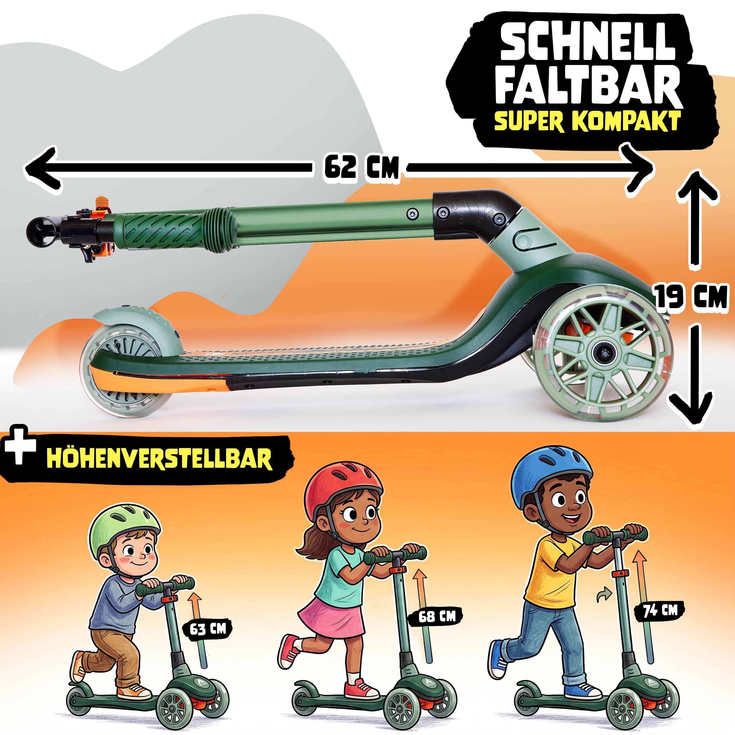 Apollo Whizzie LED Kinderroller, klappbarer Kinder Scooter, höhenverstellbarer Dreiradscooter für Kinder ab 3 Jahre, LED-Effekt in Rollen, Lenker und Deck, 3-Rad Roller im coolen Design