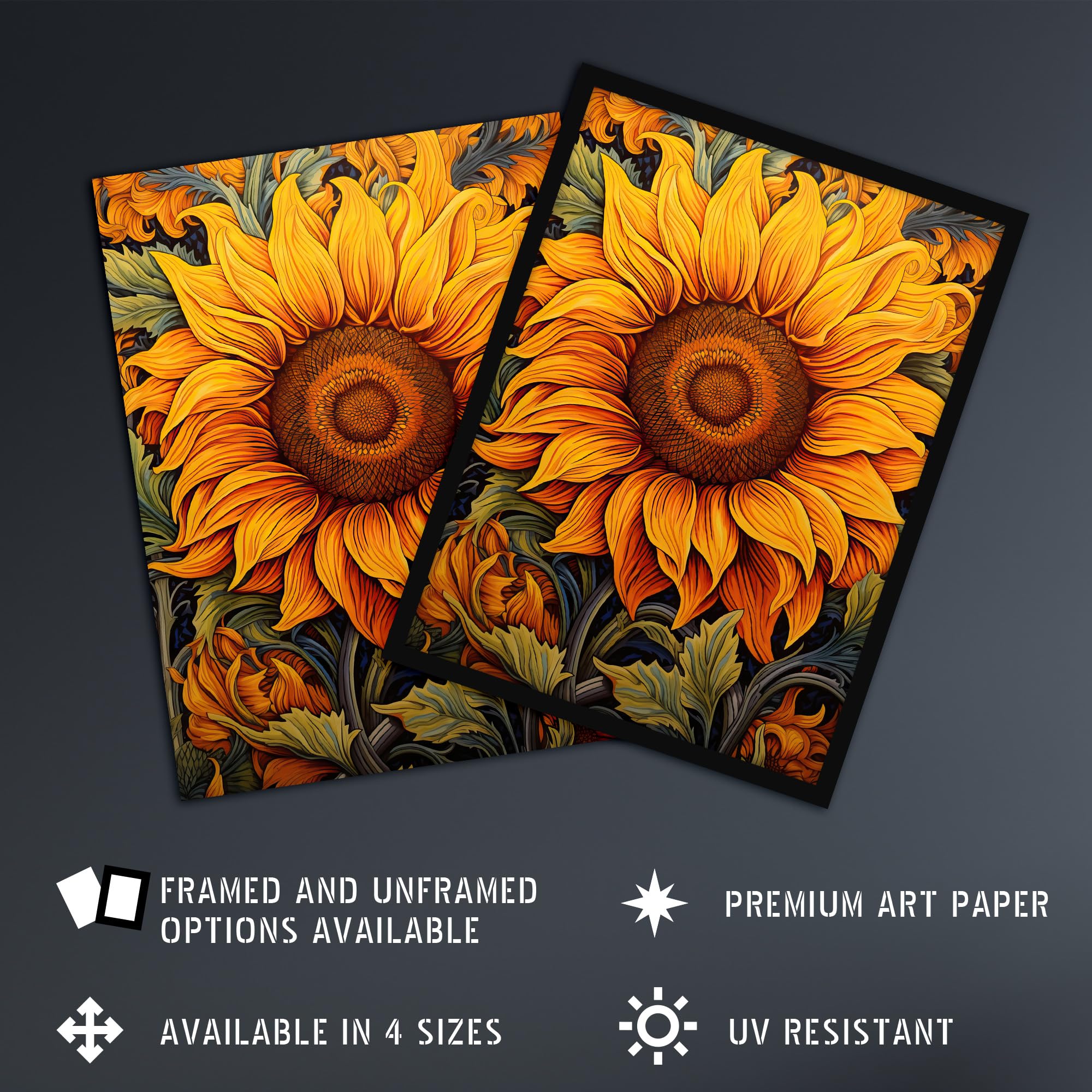 Artery8 Single Sensational Summer Sunflower Bright Floral Illustration Vibrant Yellow William Morris Style Pattern Extra Large XL Wall Art Poster Print - Image 2