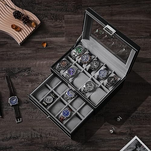 Miniatura 7 de BEWISHOME Organizador de caja de reloj para 20 hombres caja de almacenamiento de exhibición de metal con bisagra de metal negra de piel sintética