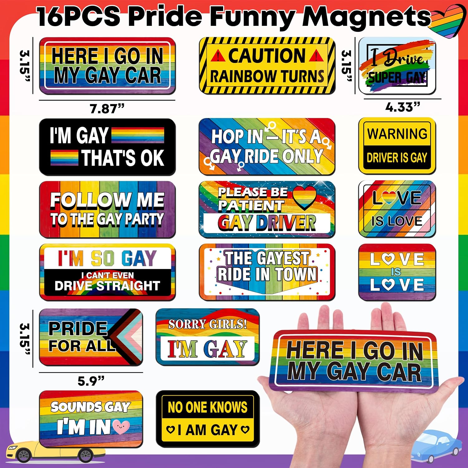 16PCS Gay Pride Car Bumper Magnets: Funny Rainbow Decals Bulk for LGBT Parade, Truck, Fridge, Cruise – Prank Gift Idea (Retro Style)
