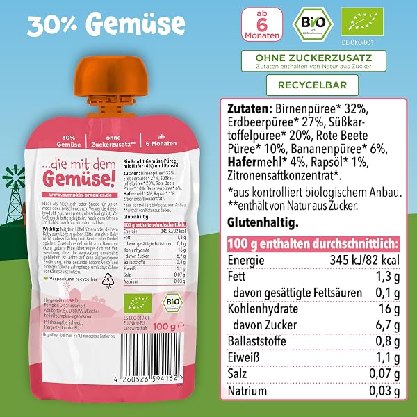 Pumpkin Organics Bio Gemüse-Getreide-Quetschies 8er Pack Birne, Erdbeere, Süßkartoffel, Rote Beete, Banane, Hafer ohne Zuckerzusatz¹ - ab dem 6. Monat - als Snack oder Beikost für unterwegs (8x100g) - 2