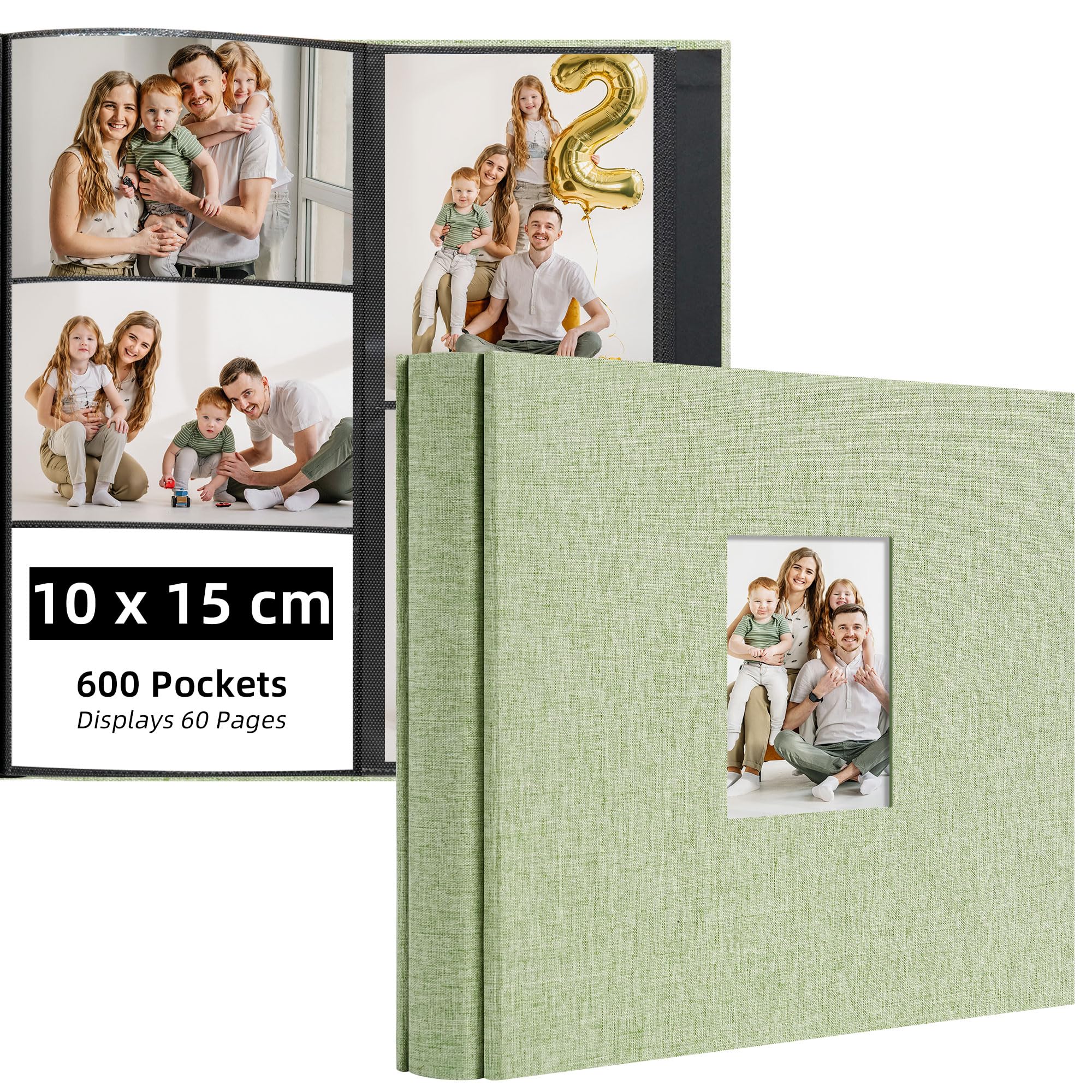 Remowith Photo Albums 6x4, Holds 600 Pockets 10x15cm Landscape and Portrait Photos, Large Capacity Photo Book, Fabric Album Cover for Family, Wedding, Travel & Baby Memory Archives, Green
