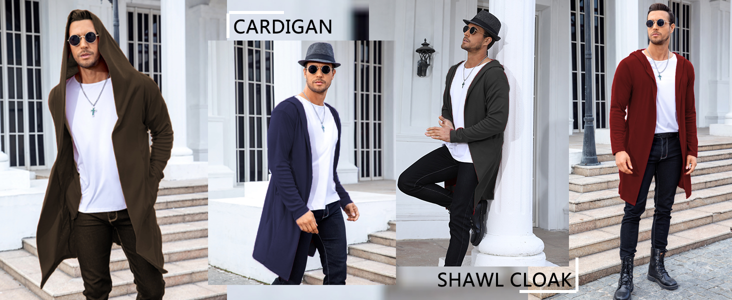 RAGEMALL Mens Long Cardigan Open Front Draped Lightweight Hooded