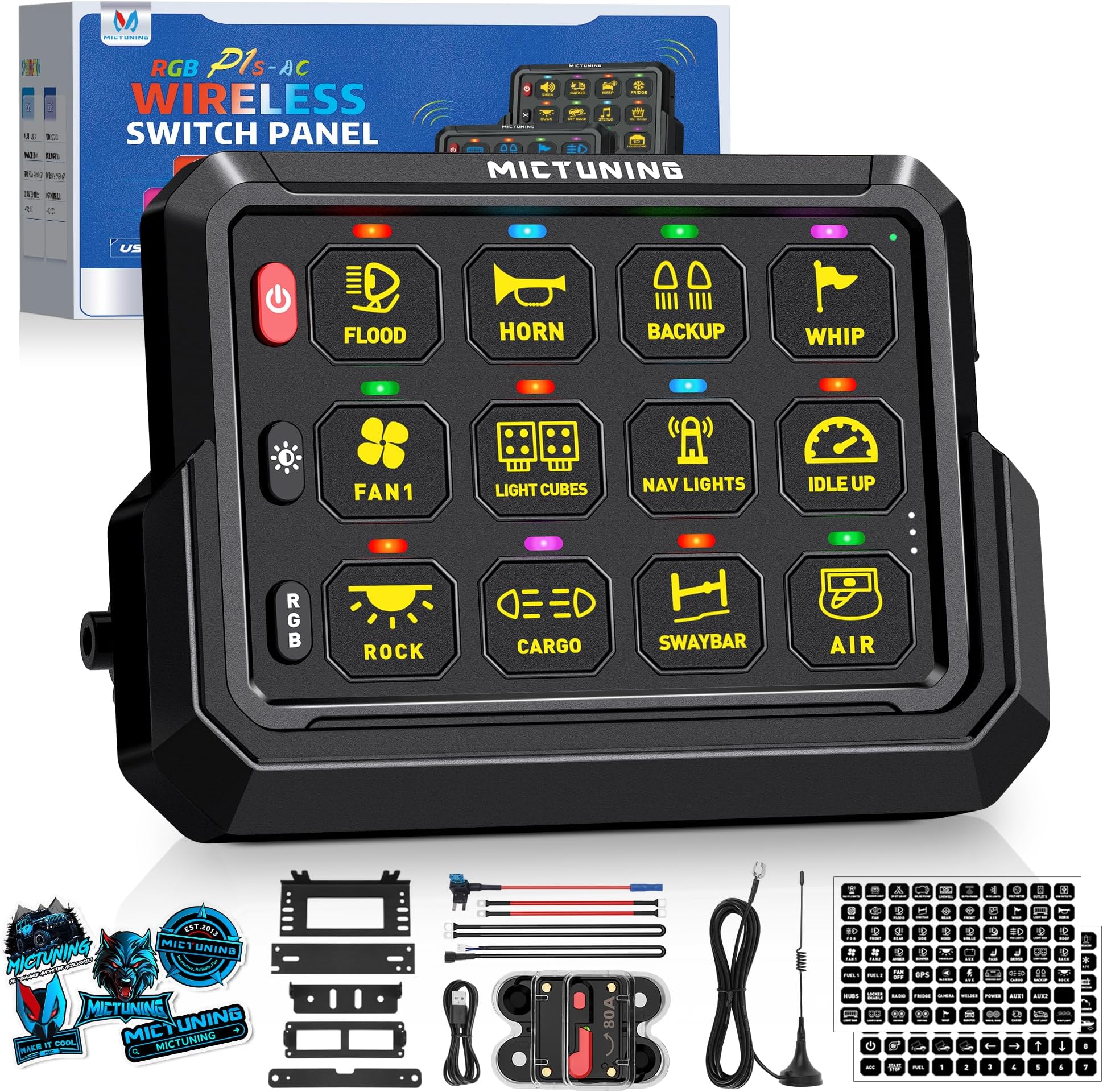 MICTUNING P1s-AC Wireless 12 Gang Switch Panel, 433MHz Remote Control Range Up to 265FT Plug and Play 12v Multifunction Toggle Momentary Pulsed Strobe Circuit Control Relay System Box for Car Truck RV